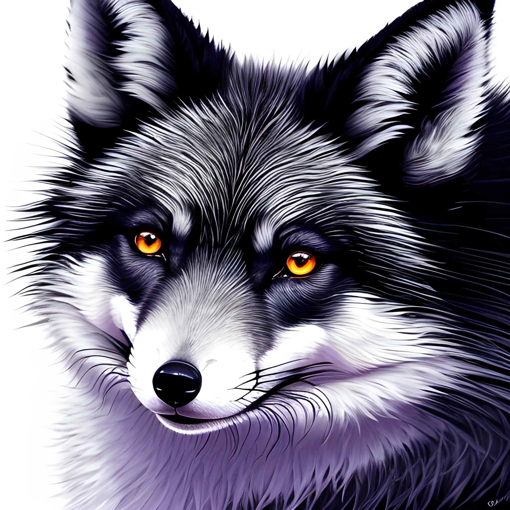 A mesmerizing digital illustration featuring a black and white fox bitch, showing anthropomorphic, photorealistic body. The female character. Against a dark background, the artwork features natural elements with vibrant details, bright patterns and filigree motifs. The lighting gives a sense of depth and dimension, highlighting the dog's elegant features. Facial Expression: Enigmatic and docile. Atmosphere: Mystical.