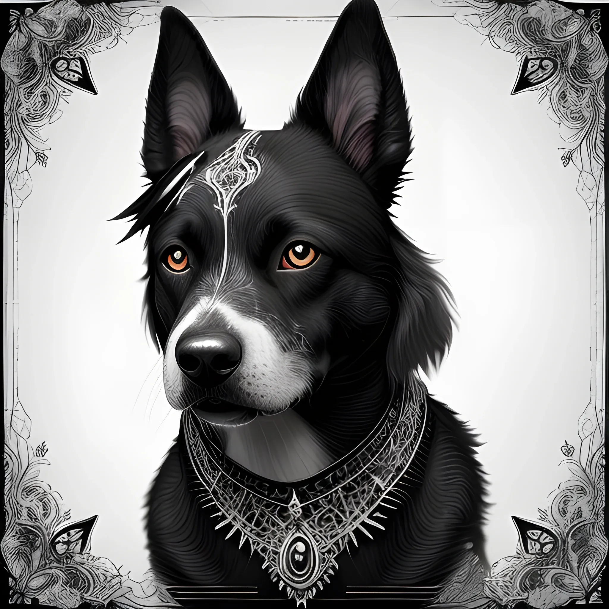 A mesmerizing digital illustration with a female dog, black and white, showing anthropomorphic, photorealistic body. The female character. Against a dark background, the artwork features natural elements with vibrant details, bright patterns and filigree motifs. The lighting gives a sense of depth and dimension, highlighting the dog's elegant features. Facial Expression: Enigmatic and docile. Atmosphere: Mystical.al.