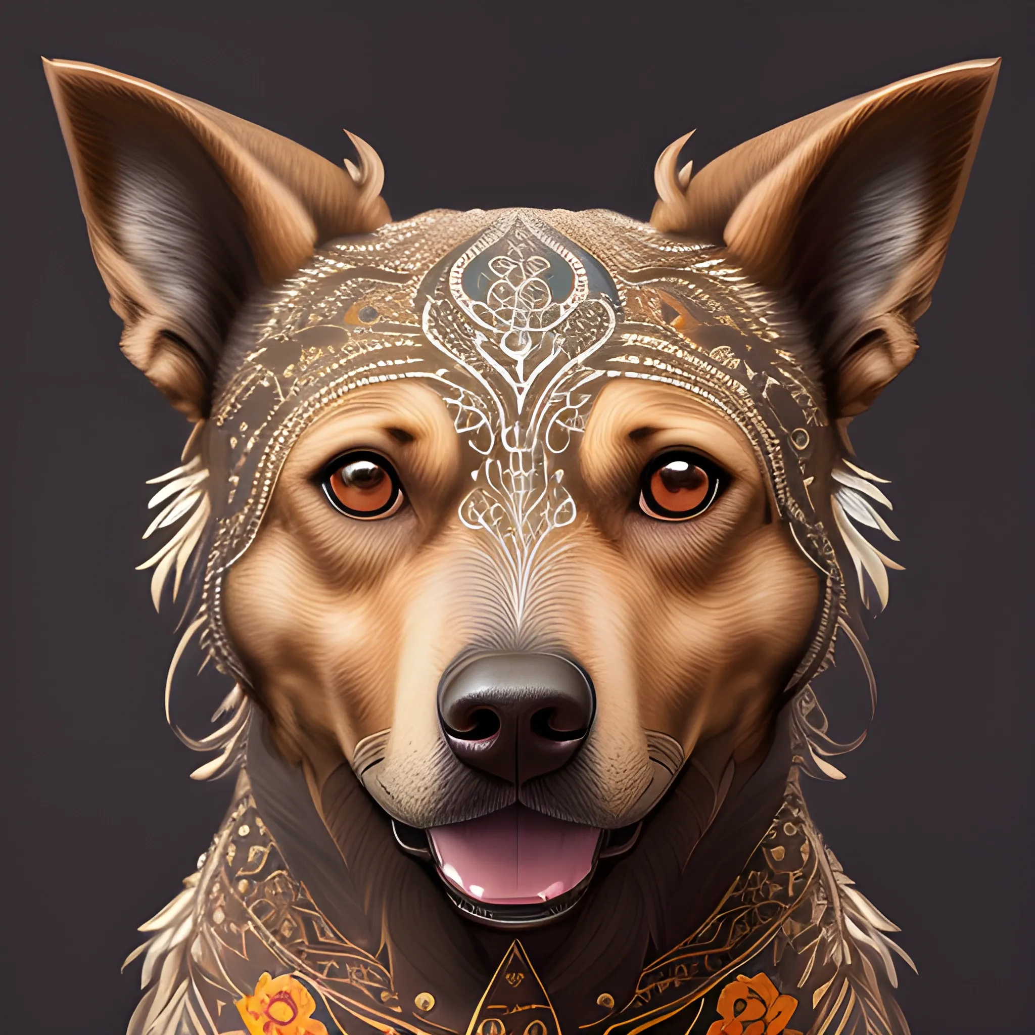 A mesmerizing digital illustration featuring a female dog, brown, showing full body, photorealistic anthropomorphic. The female character. Against a dark background, the artwork features natural elements with vibrant details, bright patterns and filigree motifs. The lighting gives a sense of depth and dimension, highlighting the dog's elegant features. Facial Expression: Enigmatic and docile. Atmosphere: Mystical.