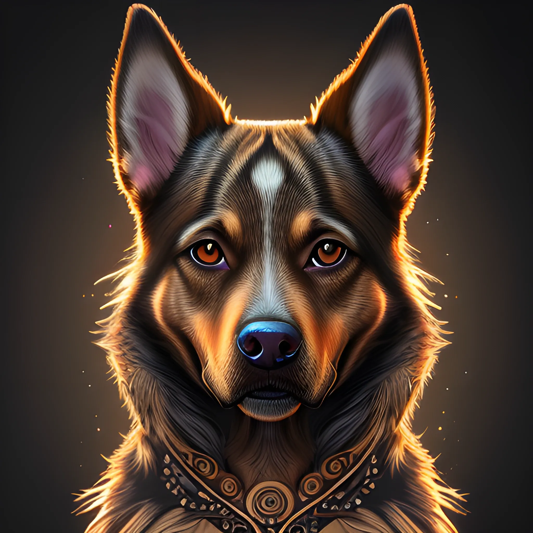 A mesmerizing digital illustration featuring a female dog, brown, showing full body, photorealistic anthropomorphic. The female character. Against a dark background, natural elements with vibrant details, bright patterns. The lighting gives a sense of depth and dimension, highlighting the dog's elegant features. Facial Expression: Enigmatic. Atmosphere: Mystical.