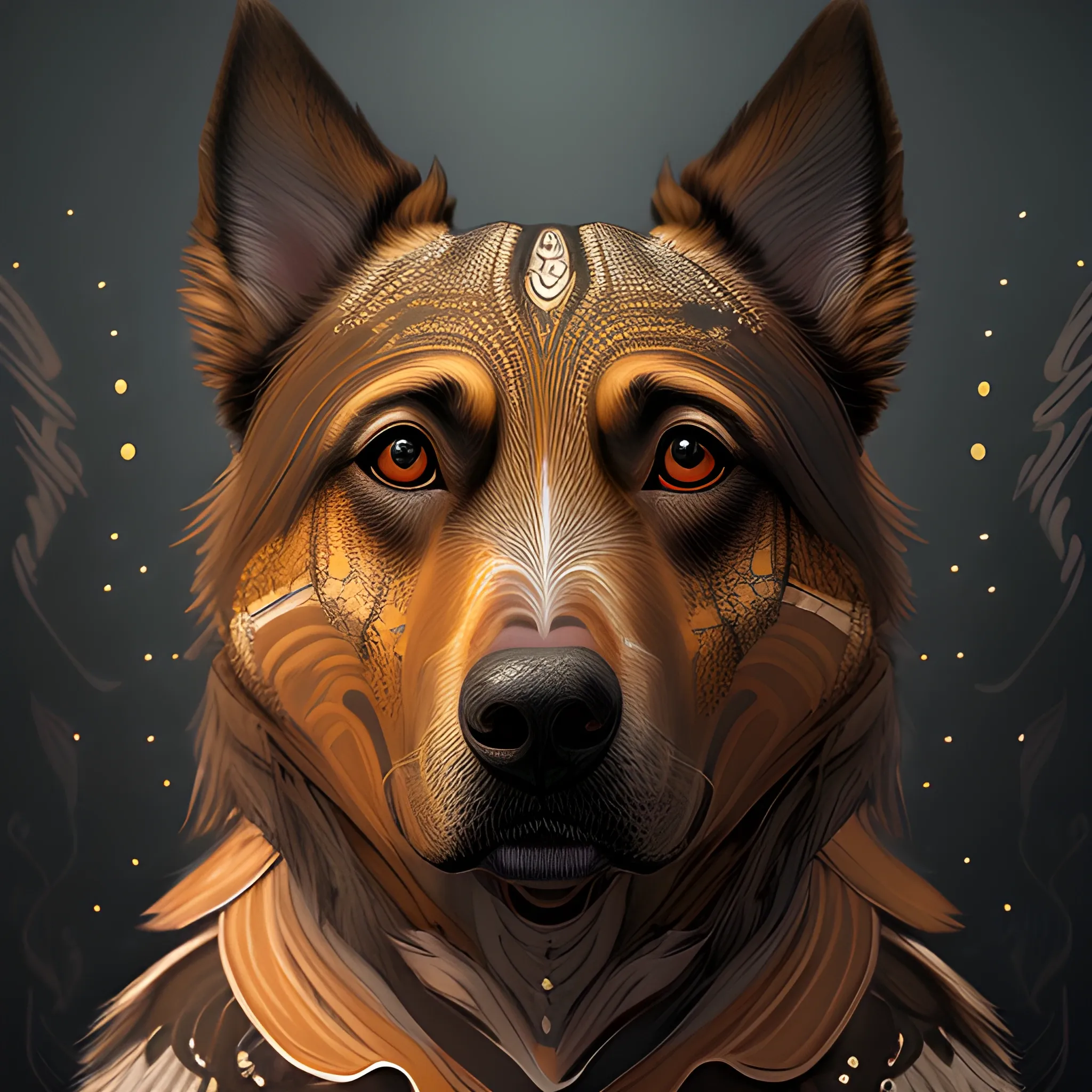 A mesmerizing digital illustration featuring a female dog, brown, showing full body, photorealistic anthropomorphic. The female character. Against a dark background, natural elements with vibrant details, bright patterns. The lighting gives a sense of depth and dimension, highlighting the dog's elegant features. Facial Expression: Enigmatic. Atmosphere: Mystical.