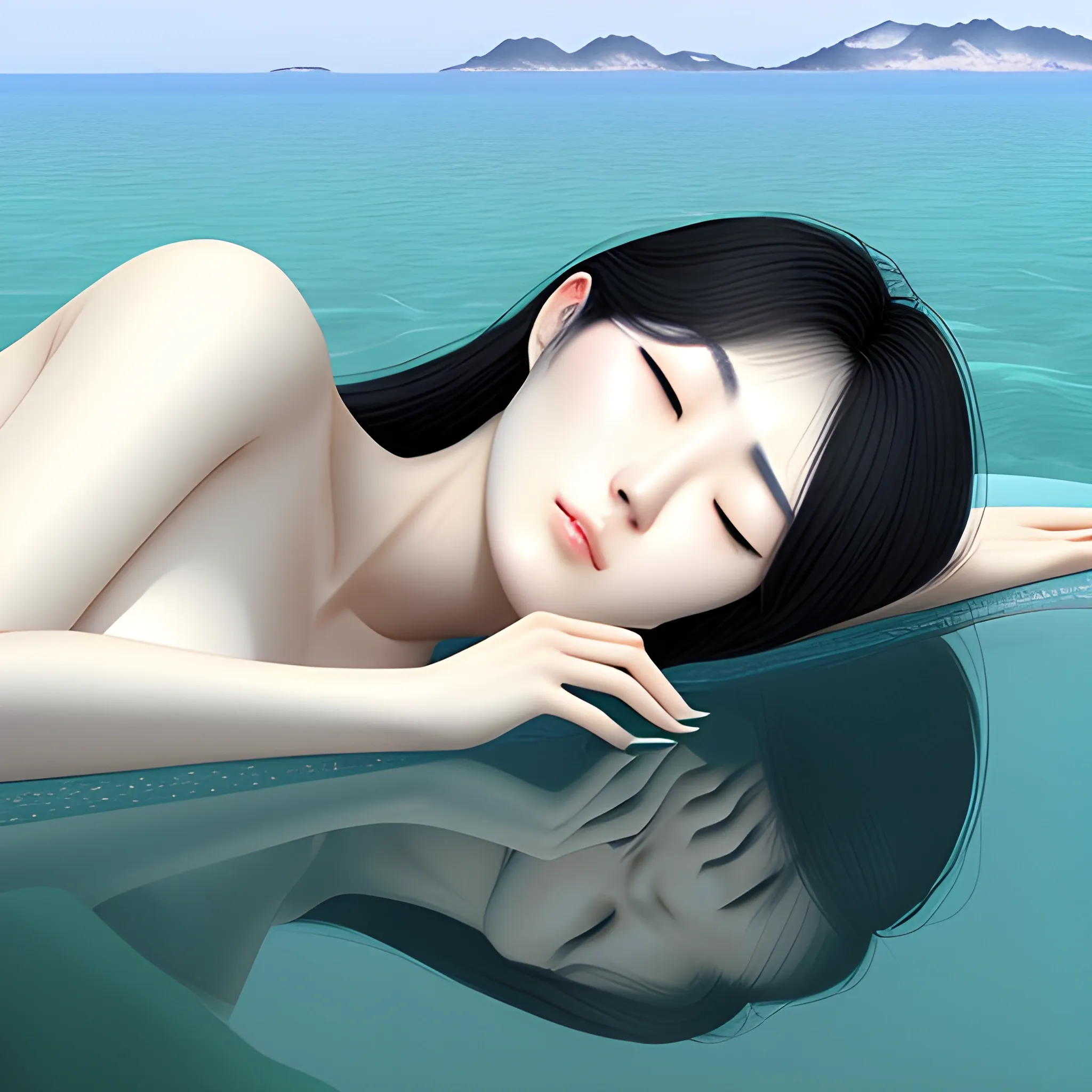 sleeping cute korean girl in depth of sea focus on its face, 
 3D,