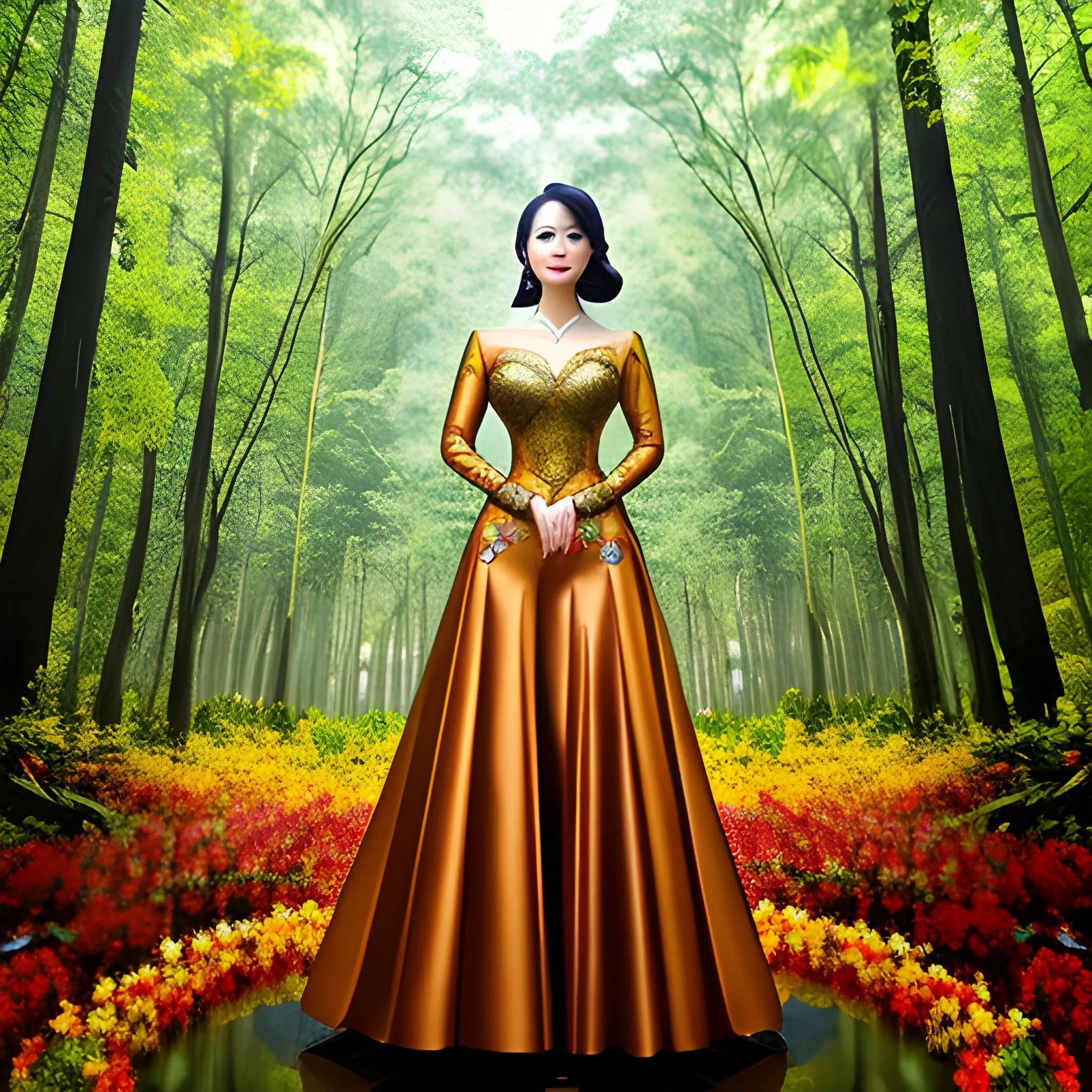 an elegant indonesian girl inside the spring forest,delicate face,oval face,Peerless beauty, java costume, dynamic pose, tilted composition colorful