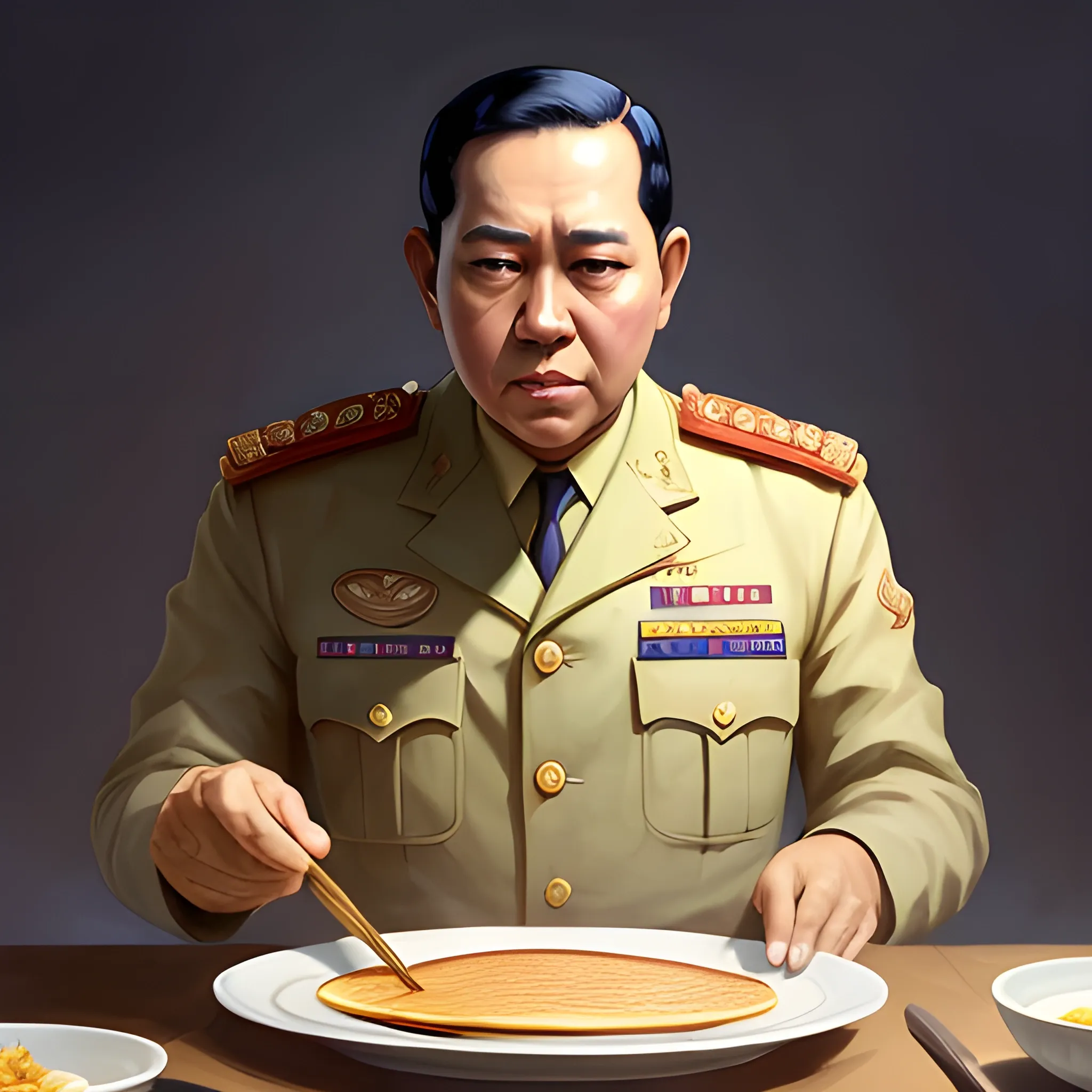 Soekarno the first president of Indonesia making pancakes animation pixar style, by magali villeneuve, artgerm, jeremy lipkin and michael garmash, rob rey and kentaro miura style, golden ratio, trending on art station