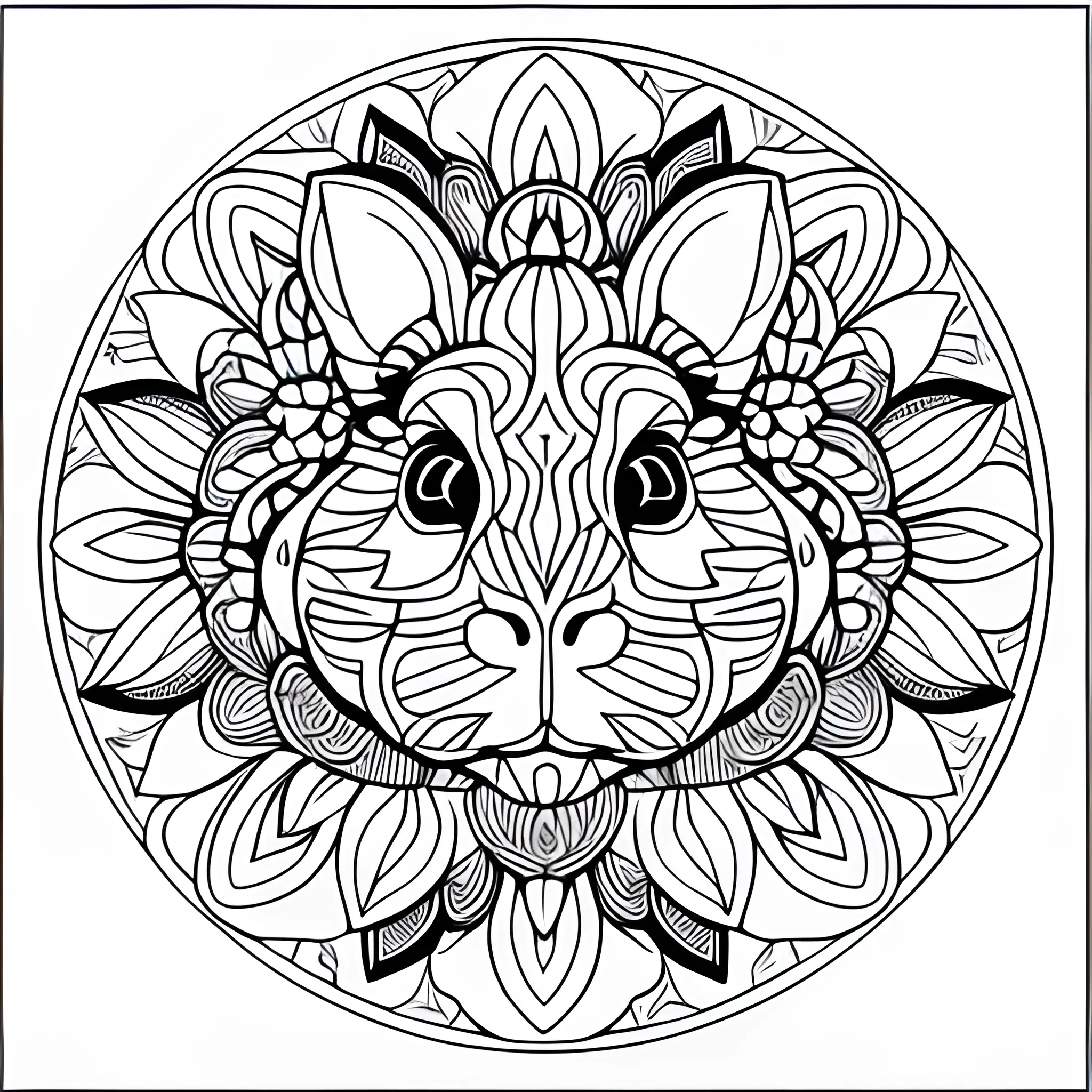 coloring book page detailed mandala stencil bold lines, floral guinea pig 
