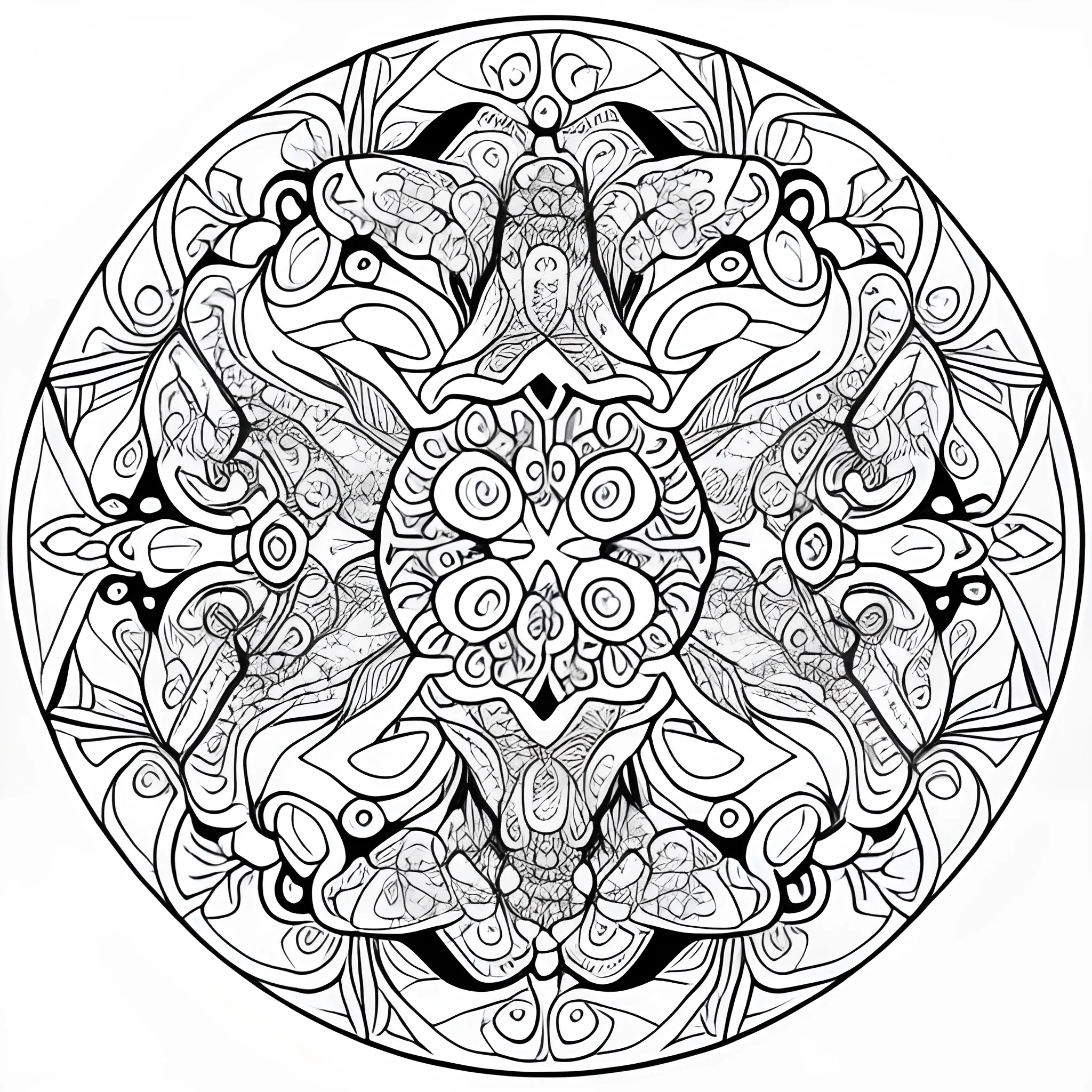 coloring book page detailed mandala dragon stencil bold lines, floral guinea
