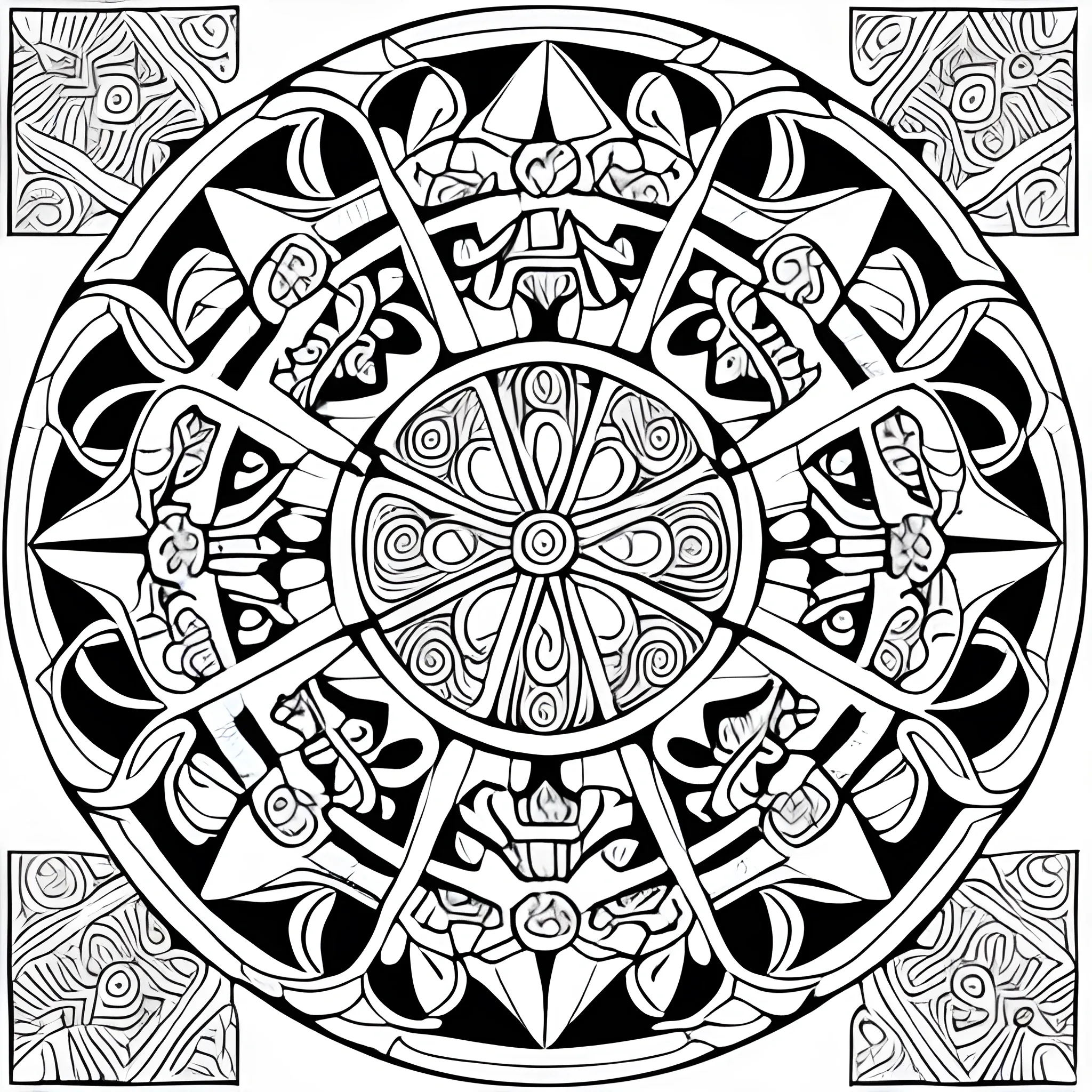 coloring book page detailed mandal maori, inside a floral circle, white background, stencil bold lines, inspired in the ancient culture