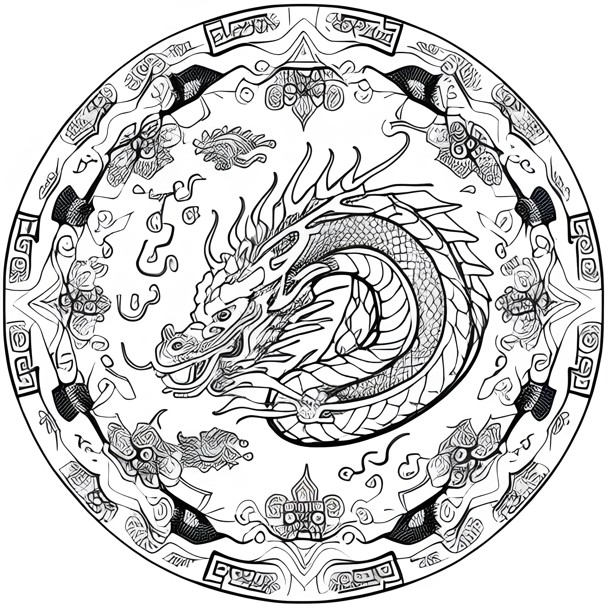 coloring book page, detailed mandal dragon, inside a floral circle, white background, stencil bold lines, inspired in the chineese culture