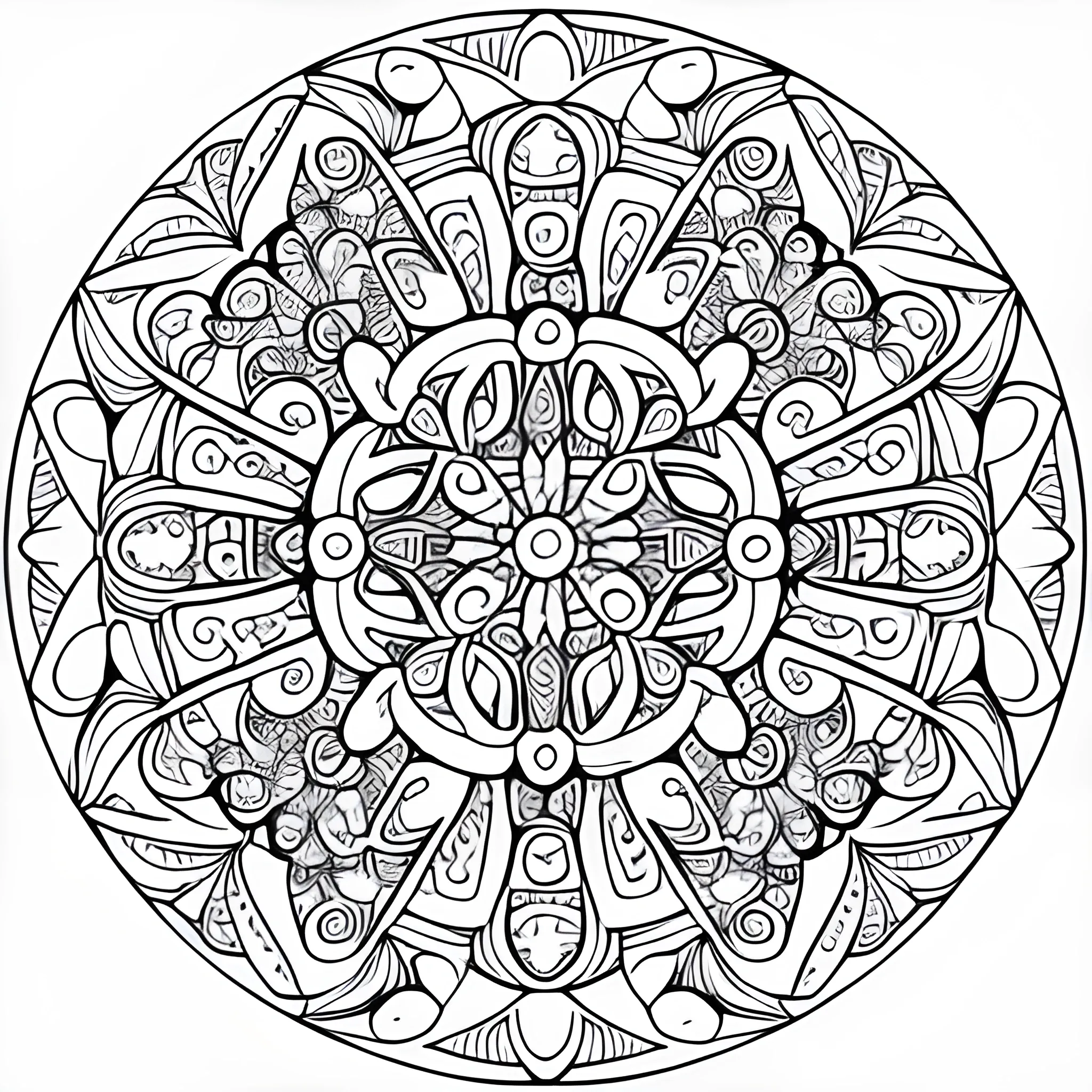 coloring book page detailed mandala spanish, design of fantasy, inside a floral circle, white background, stencil bold lines, inspired in the spanish culture, too many forms