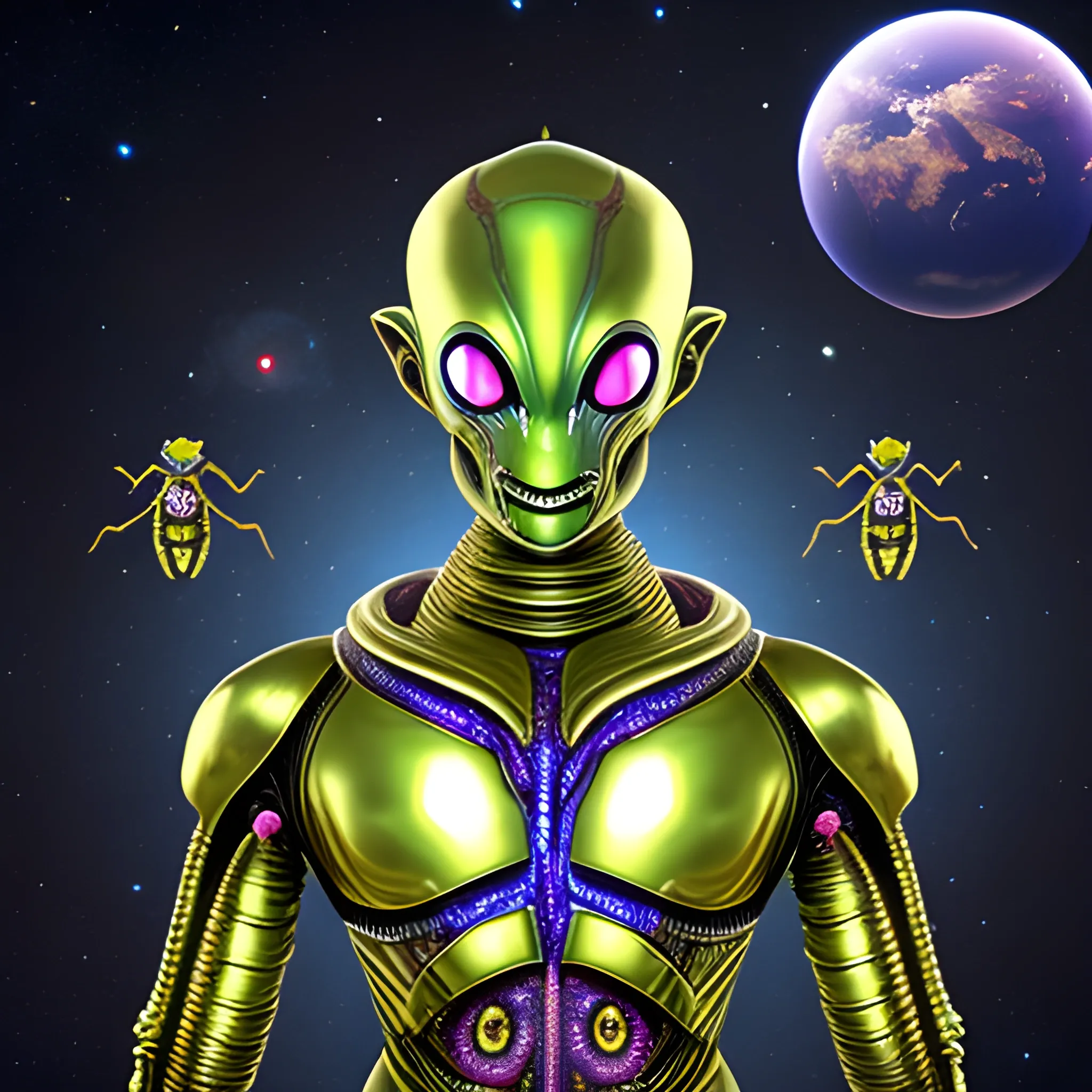  a antwearing a costume, alien cyborg   metallic hindu male godbody, in a  alien word with  space war  and your friends dead 
