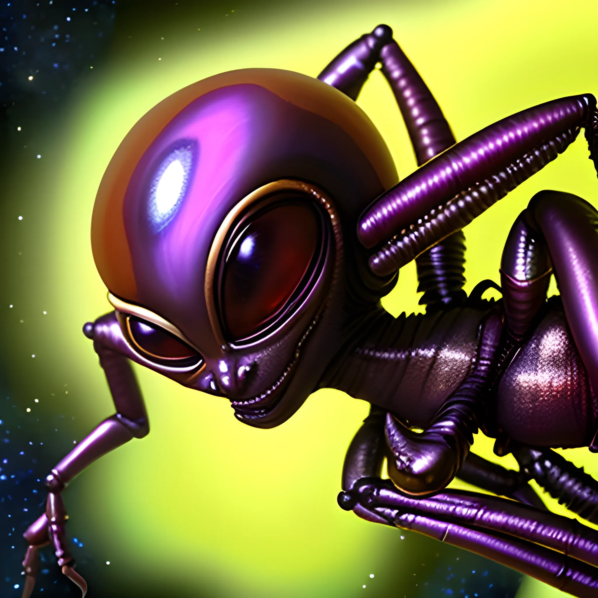  a ant wearing a costume, alien   metallic hindu male godbody, in a  alien word with  space war  and your friends dead 
