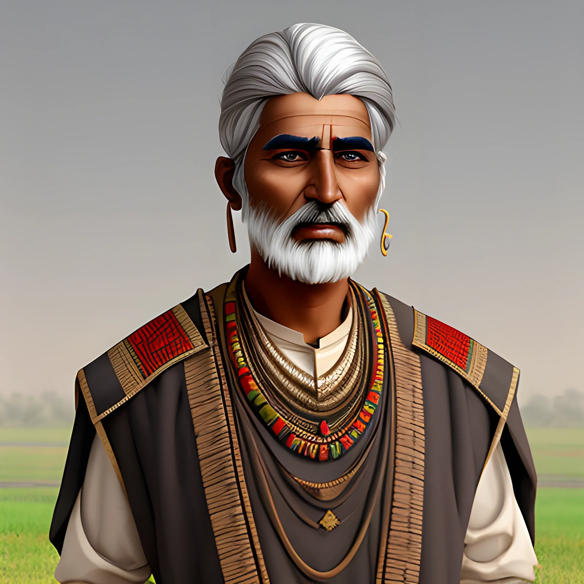 Indus Valley Civilisation Priest with grey hair, dark bronze skin, wearing a traditional attire, digital art, photorealistic