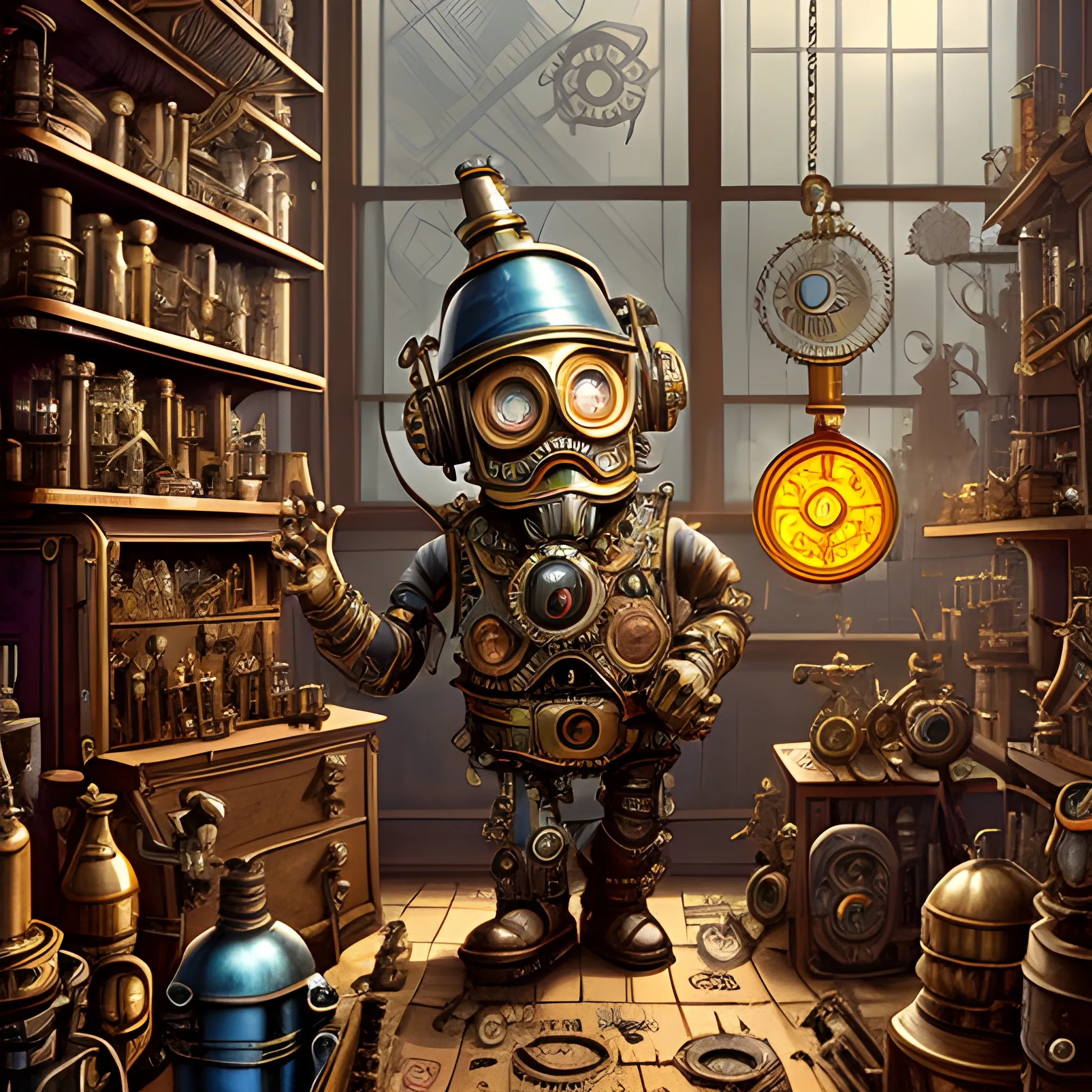 
A steampunk-inspired digital illustration of a robotinventor in a cluttered workshop, surrounded by intricate machinery and gears. The camera angle is a medium shot, capturing the gnome's enthusiastic expression as he tinkers with a fantastical contraption. The lighting is warm and atmospheric, with rays of sunlight streaming through stained glass windows, casting vibrant colors and ((shadows)) across the room. The style combines elements of steampunk and clock-punk, resembling the works of Jules Verne and H.R. Giger. The image is detailed and intricate, showcasing the gnome's ingenious inventions and the mesmerizing complexity of the steampunk world.