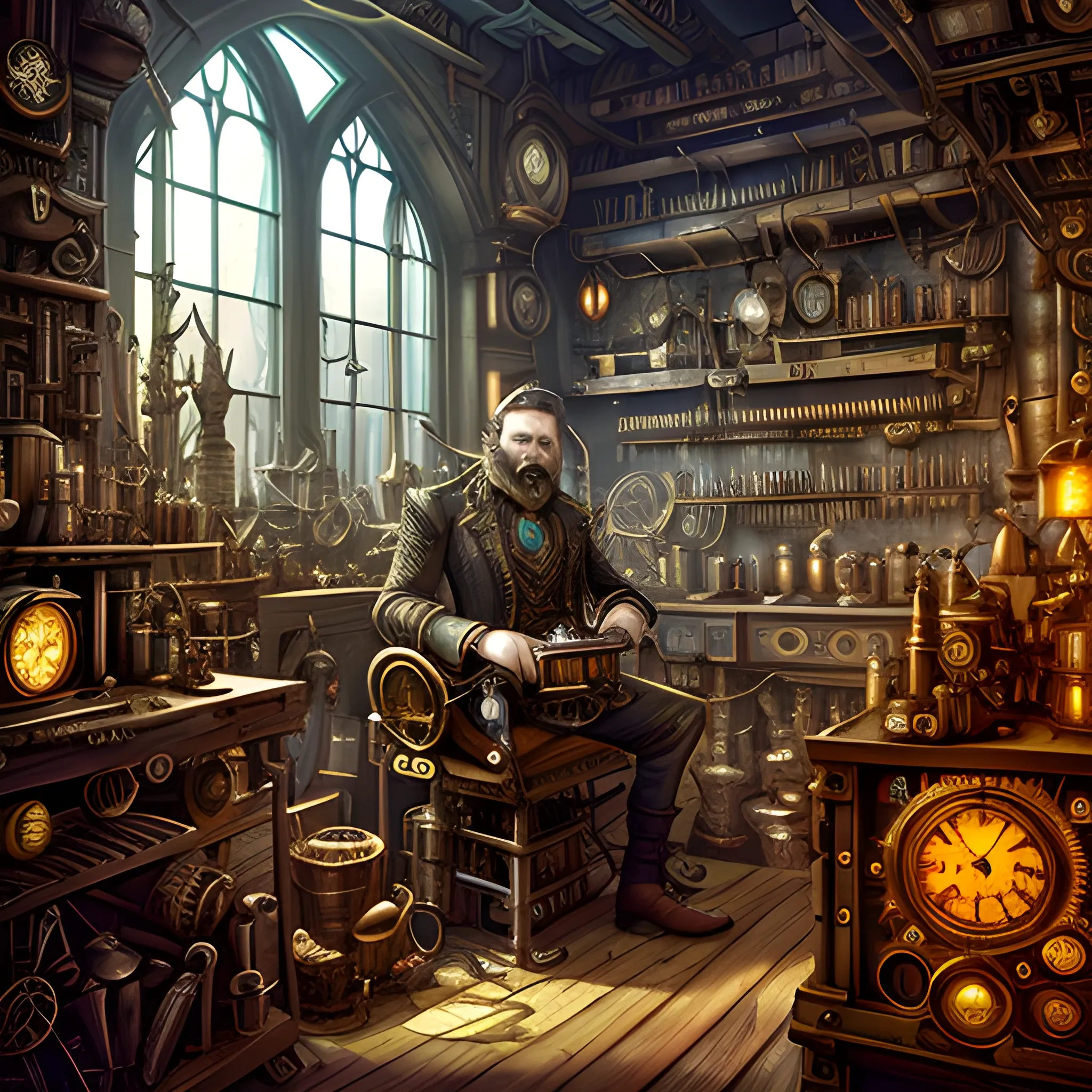  A steampunk-inspired digital illustration of a  elfo inventor in a cluttered workshop, surrounded by intricate machinery and gears. The camera angle is a medium shot, capturing the elfo's enthusiastic expression as he tinkers with a fantastical contraption. The lighting is cold and atmospheric, with rays of sunlight streaming through stained glass windows, casting vibrant colors and ((shadows)) across the room. The style combines elements of steampunk and clock-punk,and machines tecnologycalsresembling the works of Jules Verne and H.R. Giger. The image is detailed and intricate, showcasing the gnome's ingenious inventions and the mesmerizing complexity of the steampunk world.
