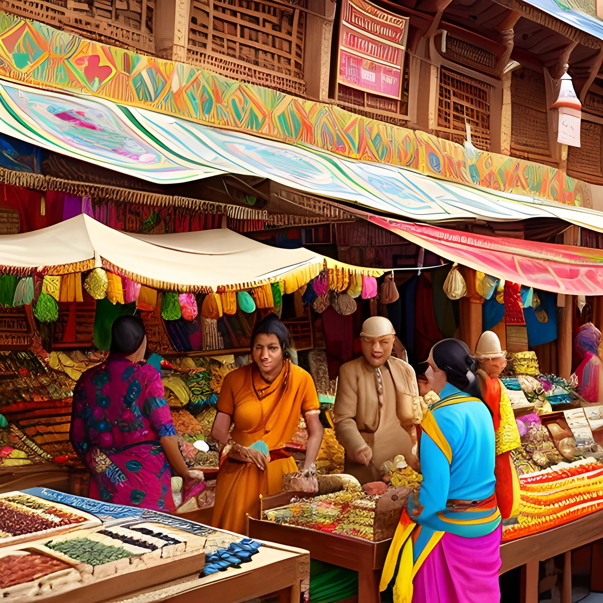 wide angle shot of bustling market scene in the Indus Valley Civilization, framing the lively activity and vibrant atmosphere. The market is a vibrant tapestry of colors, with stalls adorned in vibrant hues of red, blue, and yellow. The textiles hanging from the stalls create a mesmerizing visual display, showcasing an array of patterns and designs. The air is filled with the aroma of spices and the sounds of animated conversations, laughter, and the occasional haggling. People of various backgrounds and ethnicities can be seen, reflecting the diversity of the Indus Valley Civilization. Women in vibrant saris and men in flowing robes move through the market, their attire reflecting the rich culture and traditions of the region. Traders are engaged in animated discussions, showcasing their wares and enticing potential customers.Stalls are filled with a variety of goods, ranging from precious gemstones and intricate jewelry to handcrafted pottery, textiles, and aromatic spices. Skilled artisans proudly display their creations, while merchants passionately describe the unique qualities and craftsmanship of their products. Digital Art, Photorealistic
