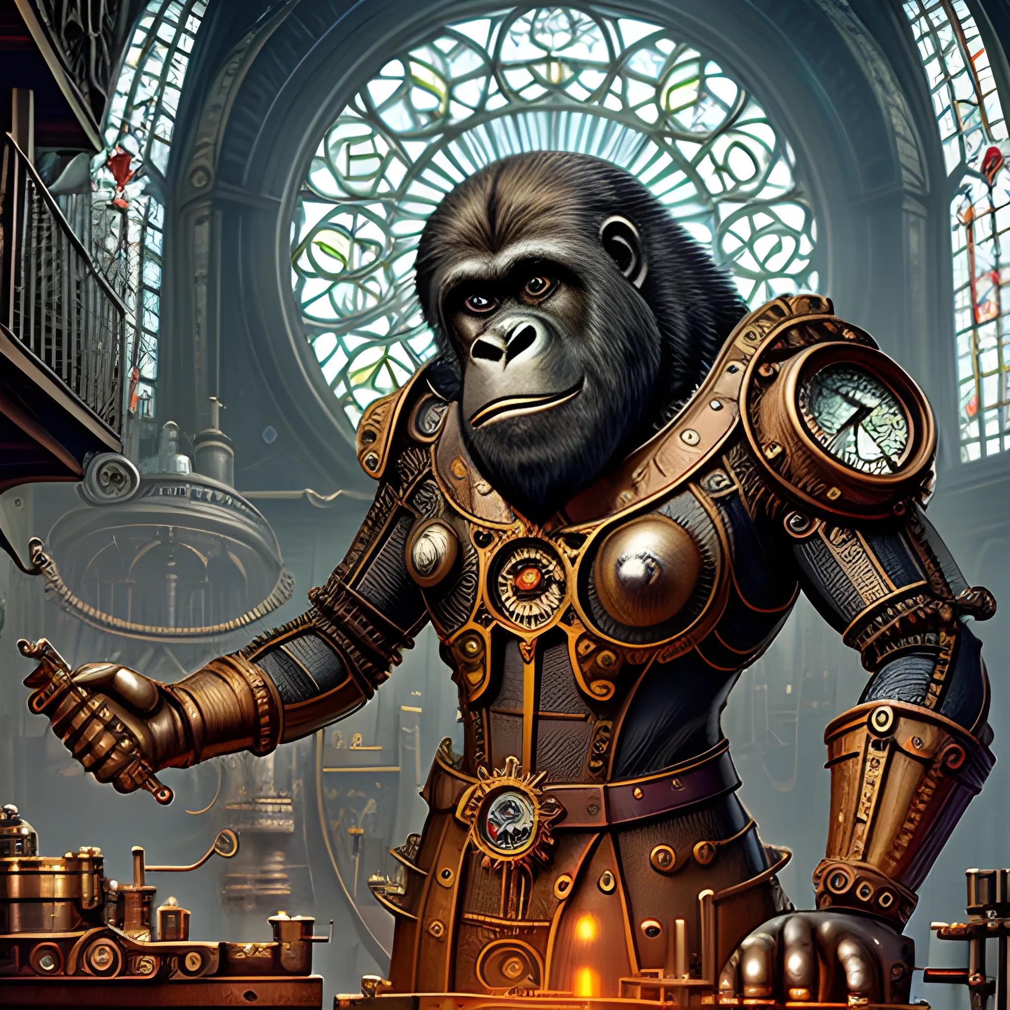  A steampunk-inspired digital illustration of a gorilla inventor in a cluttered workshop, surrounded by intricate machinery and gears. The camera angle is a tiny shot, capturing the gorilla enthusiastic expression as he tinkers with a fantastical contraption. The lighting is warm and atmospheric, with rays of sunlight streaming through stained glass windows, casting vibrant colors and ((shadows)) across the room. The style combines elements of steampunk and clock-punk,and machines tecnologycals resembling the works of Jules Verne jr tolkien and H.R. Giger. The image is detailed and intricate, showcasing the gnome's ingenious inventions and the mesmerizing complexity of the steampunk world. 