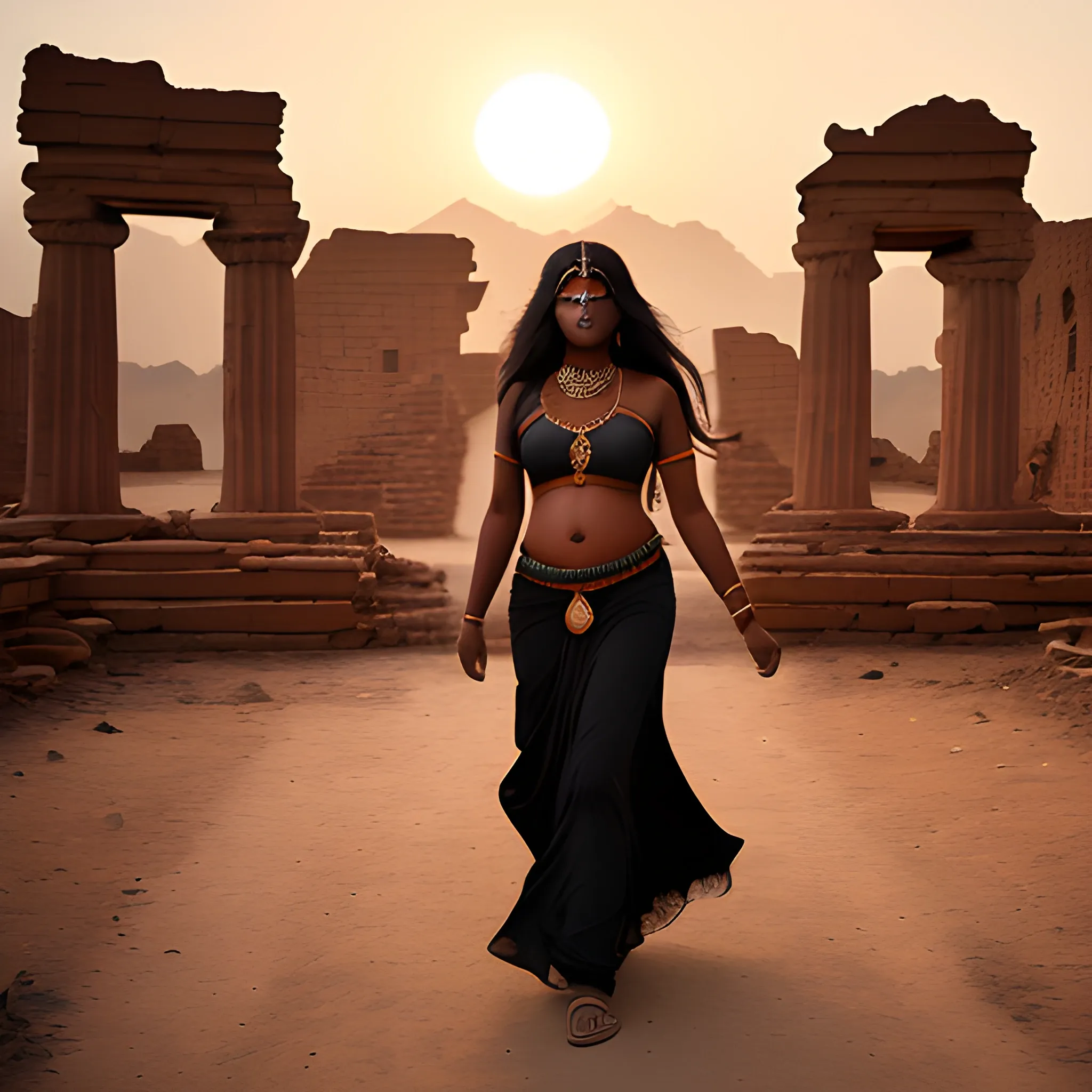 A beautiful dark skinned woman, Indian origin, with long black flowy hair, walking into the ruins of the ancient indus valley civilisation, as the sun sets, the woman is the indian goddess kali, high definition, 8k, sony alpha, wide lens shot