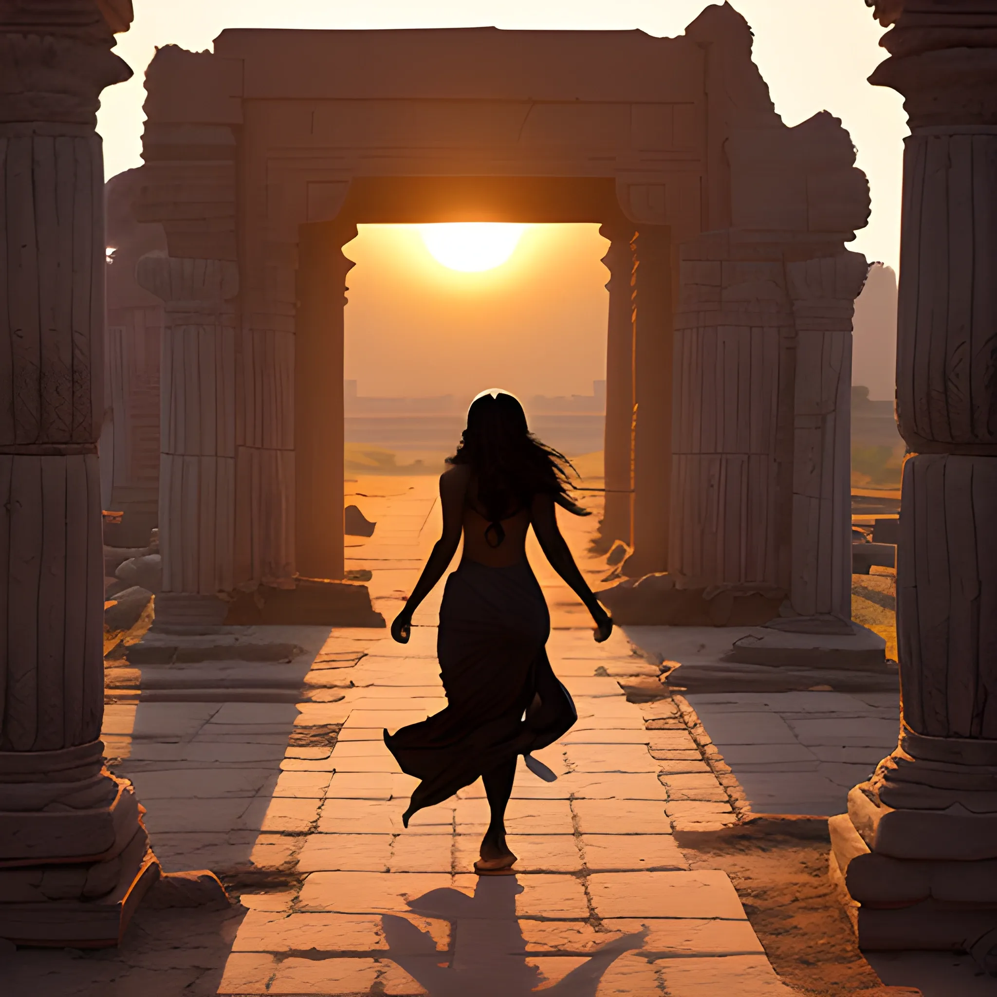 Silhouette of a beautiful dark skinned woman, Indian origin, with long black flowy hair, walking into the ruins of the ancient indus valley civilisation, as the sun sets, the woman is the indian goddess kali, high definition, 8k, sony alpha, wide lens shot, aerial view