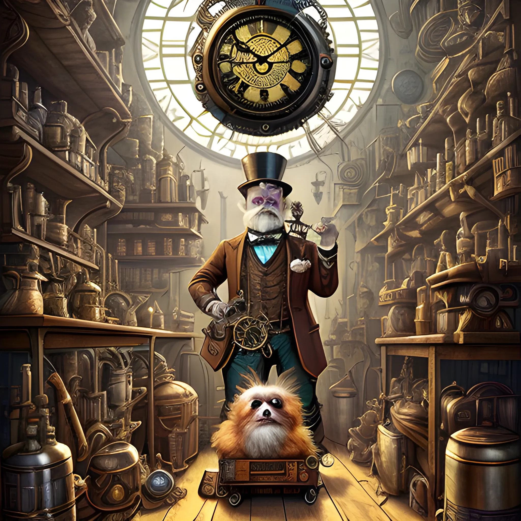 A steampunk-inspired digital illustration of a  dog shitzu inventor in a cluttered workshop, surrounded by intricate machinery and gears. The camera angle is a large shot, capturing the shitzu's enthusiastic expression as he tinkers with a fantastical contraption. The lighting is warm and atmospheric, with rays of sunlight streaming through stained glass windows, casting vibrant colors and ((shadows)) across the room. The style combines elements of steampunk and clock-punk, resembling the works of Jules Verne and H.R. Giger. The image is detailed and intricate, showcasing the gnome's ingenious inventions and the mesmerizing complexity of the steampunk world
