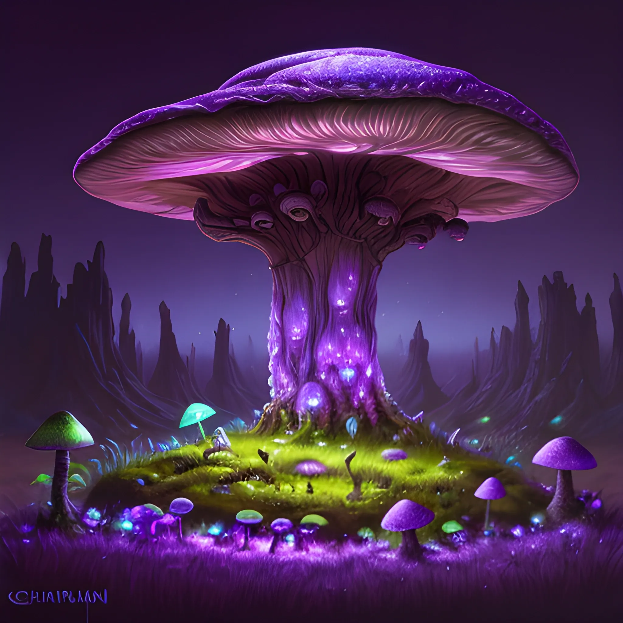 concept art painting of a fantasy alien fungal landscape at night, with glowing violet lights, glowing blue mushrooms, dark green sky, realistic, detailed, cel shaded, 