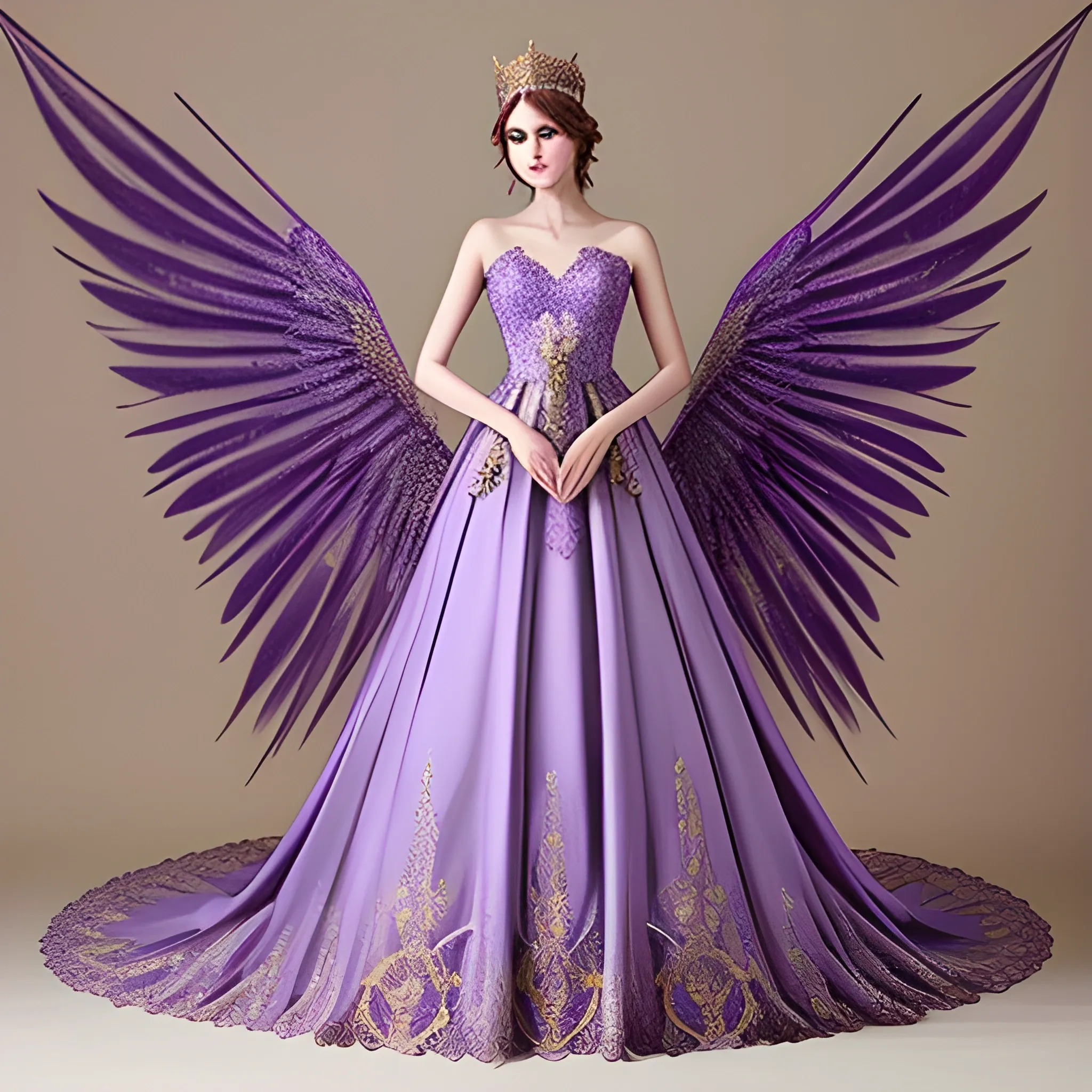 Intricate fantasy wedding gown purple and gold lace goddess wings crown style