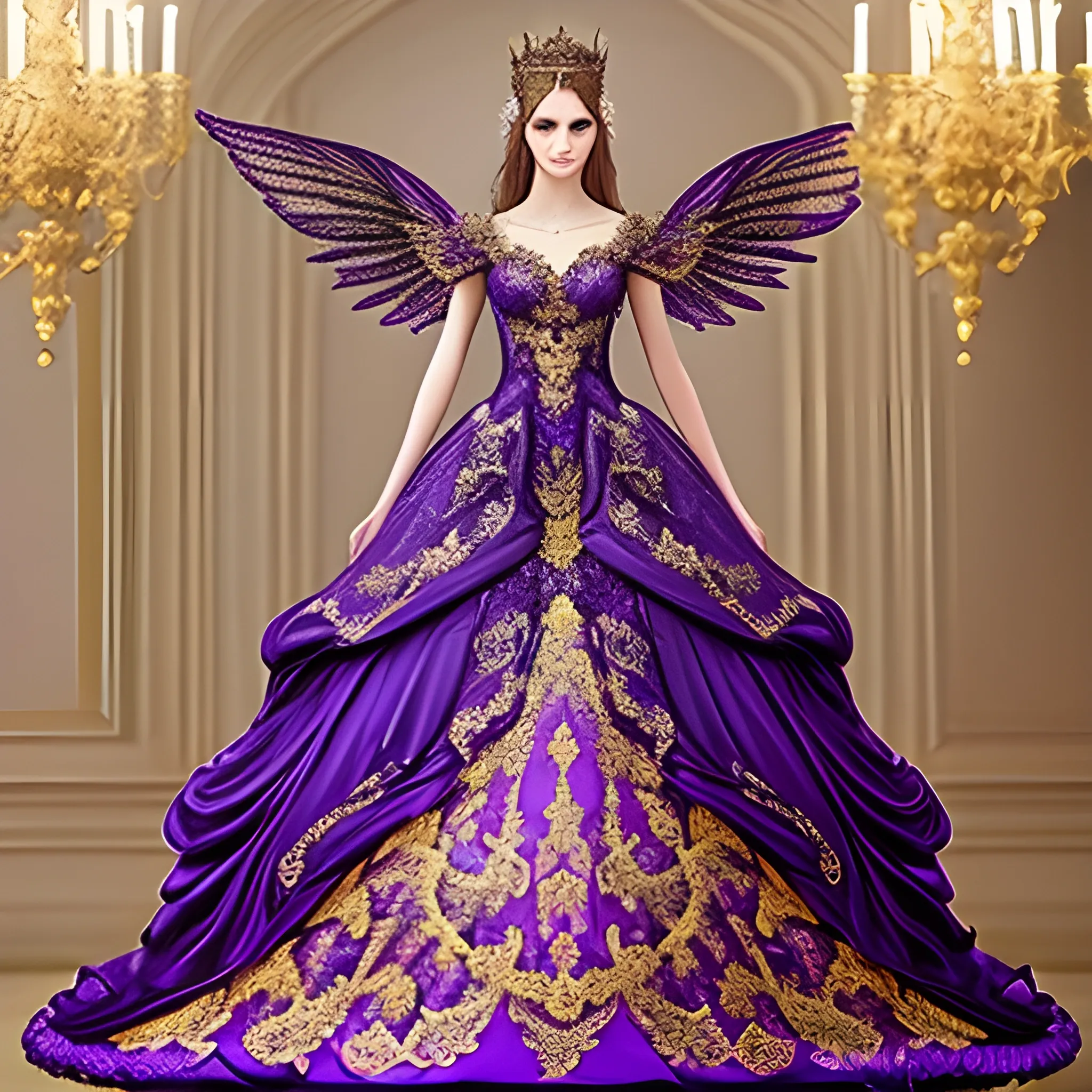 Intricate fantasy wedding gown purple and gold lace goddess wings crown style extravagant