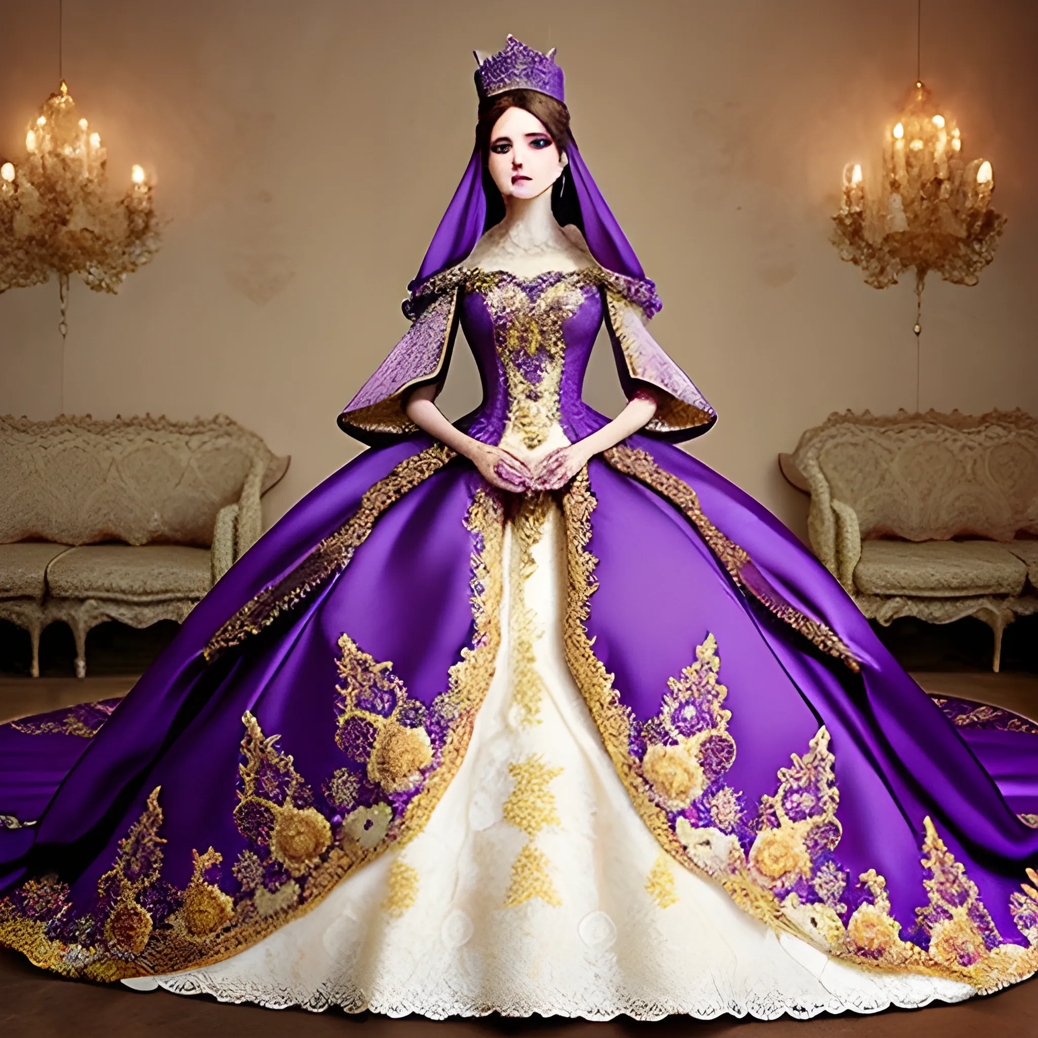 Intricate fantasy wedding gown purple and gold lace goddess train empress sleeves crown style extravagant