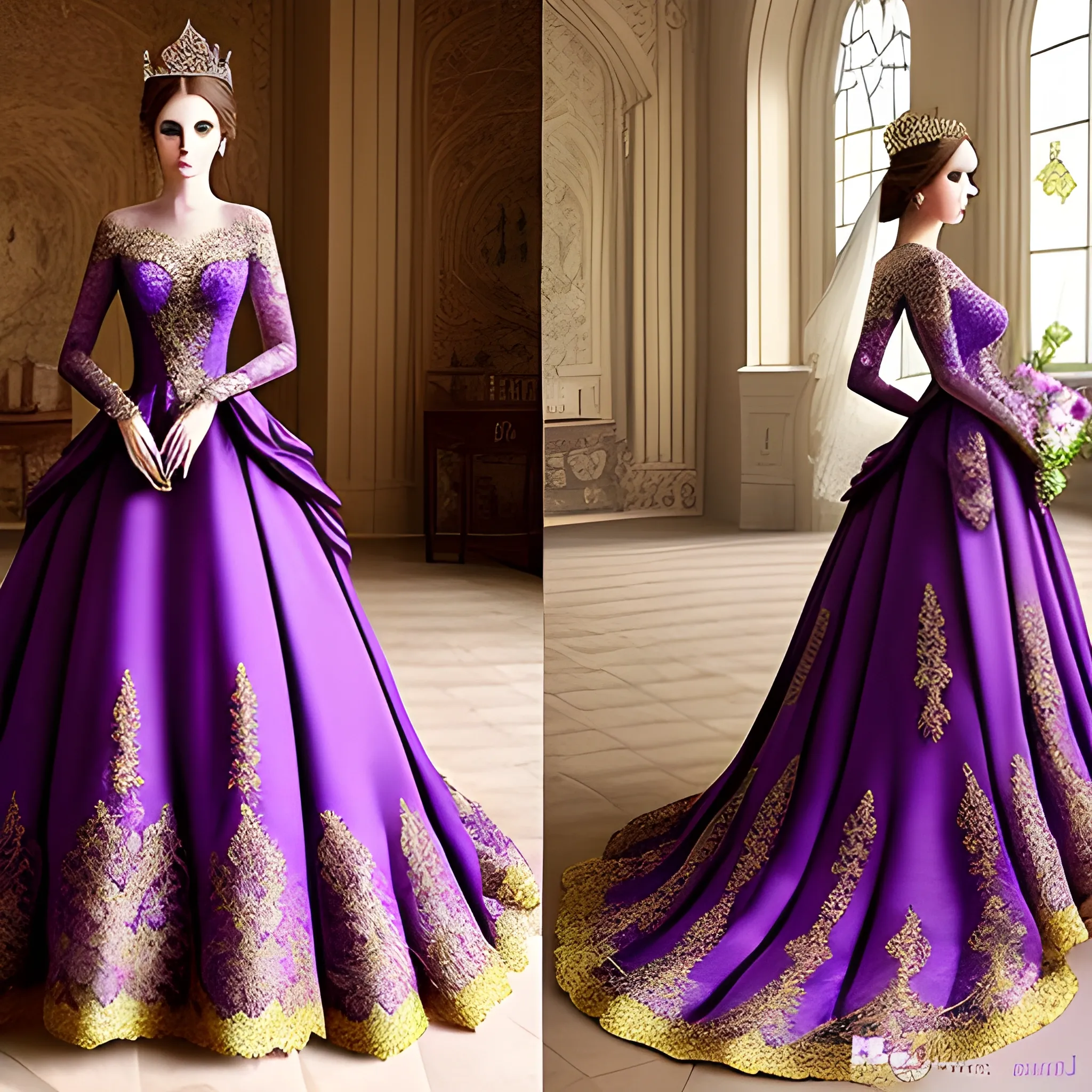 Intricate fantasy wedding gown purple and gold lace goddess train empress sleeves crown style extravagant
