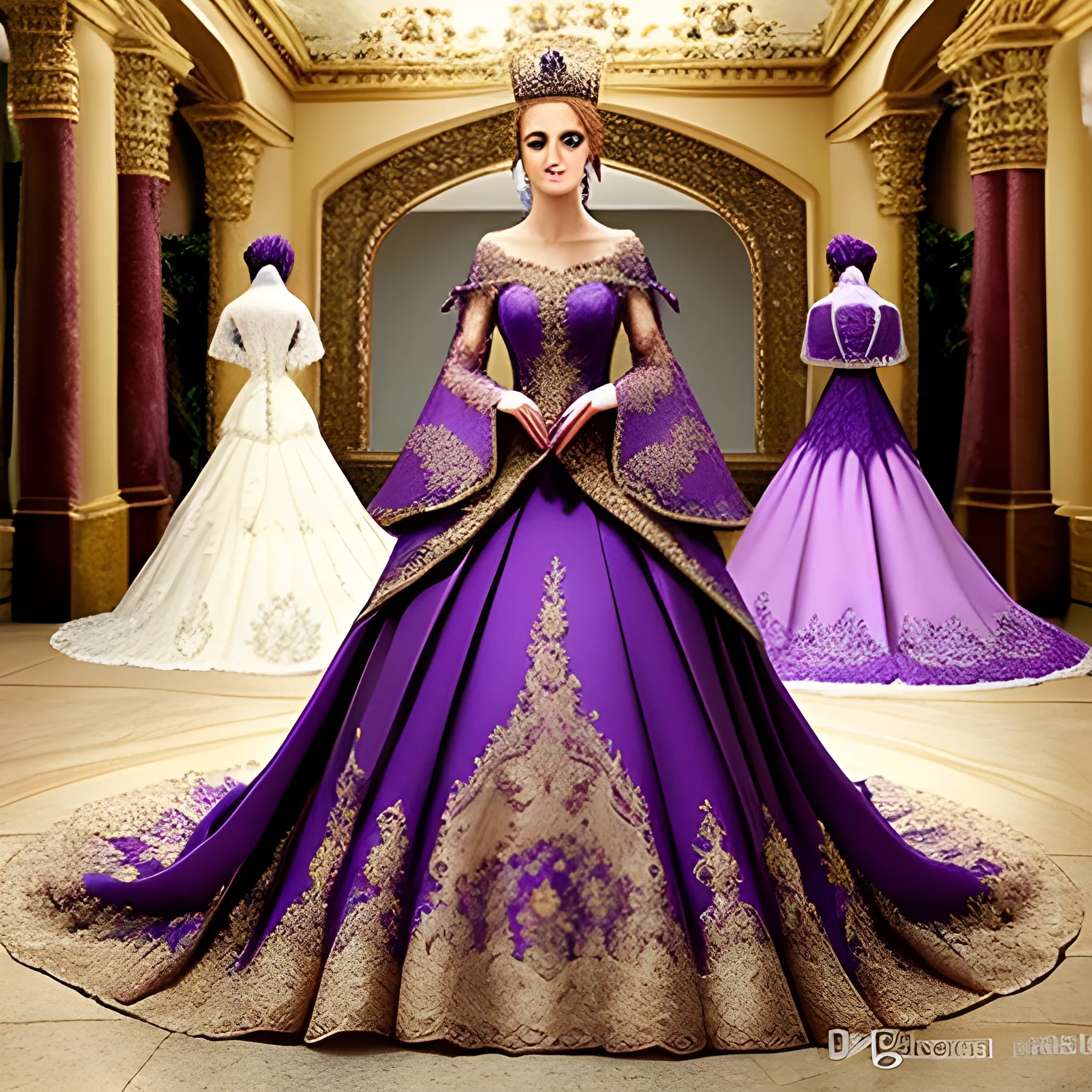 Intricate fantasy wedding gown purple and gold lace goddess train empress sleeves crown style extravagant lace detail