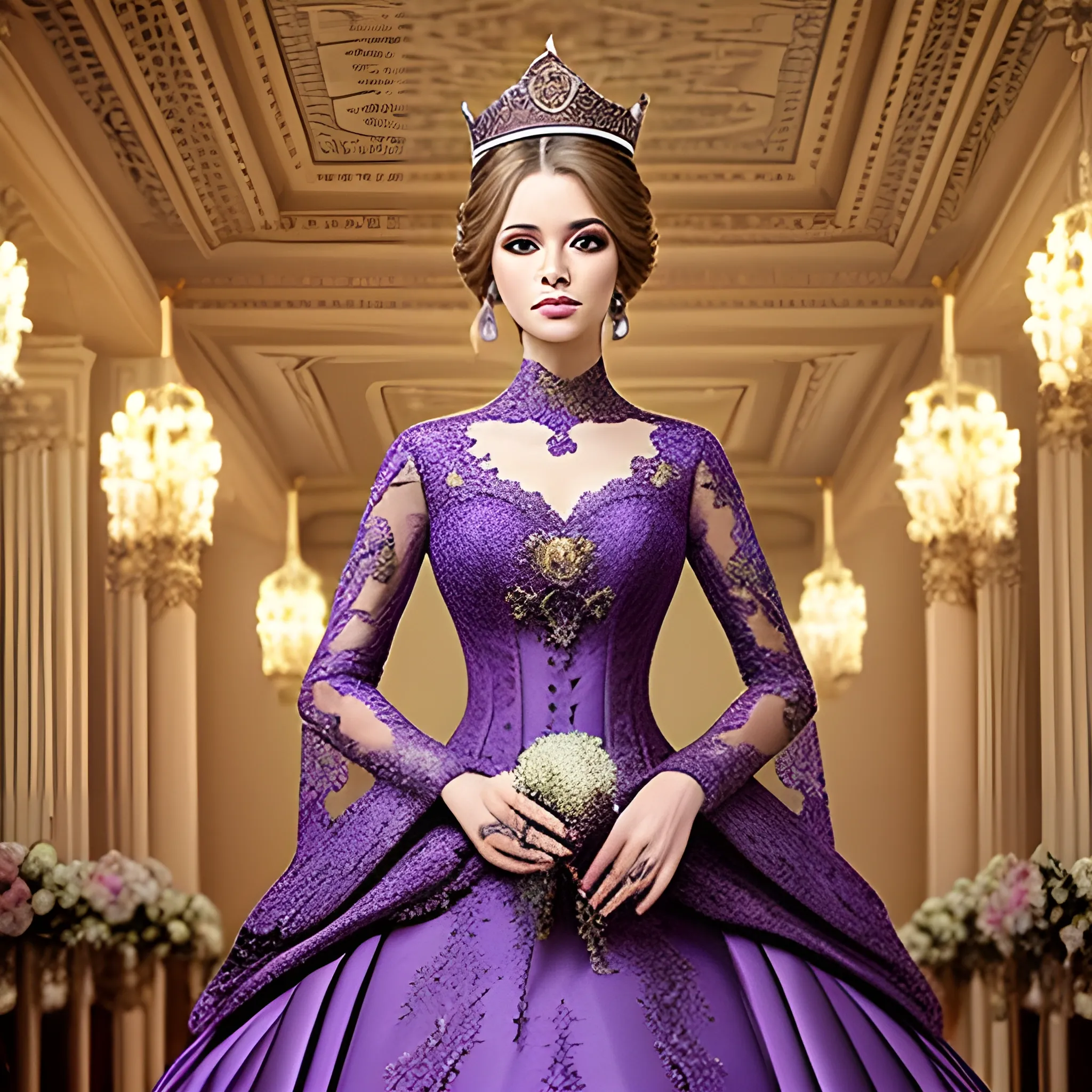 Intricate fantasy wedding gown purple and gold lace goddess train empress sleeves crown style extravagant lace detail, Water Color
