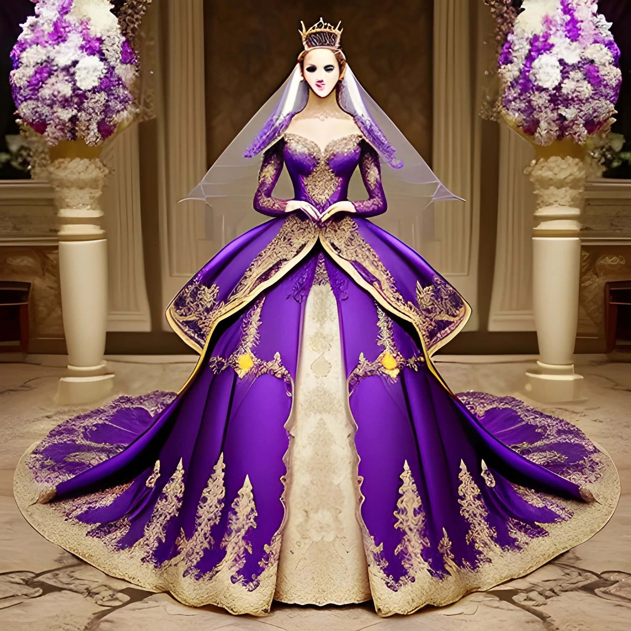 Intricate fantasy wedding gown purple and gold lace goddess train empress sleeves crown style extravagant lace detail, Water Color