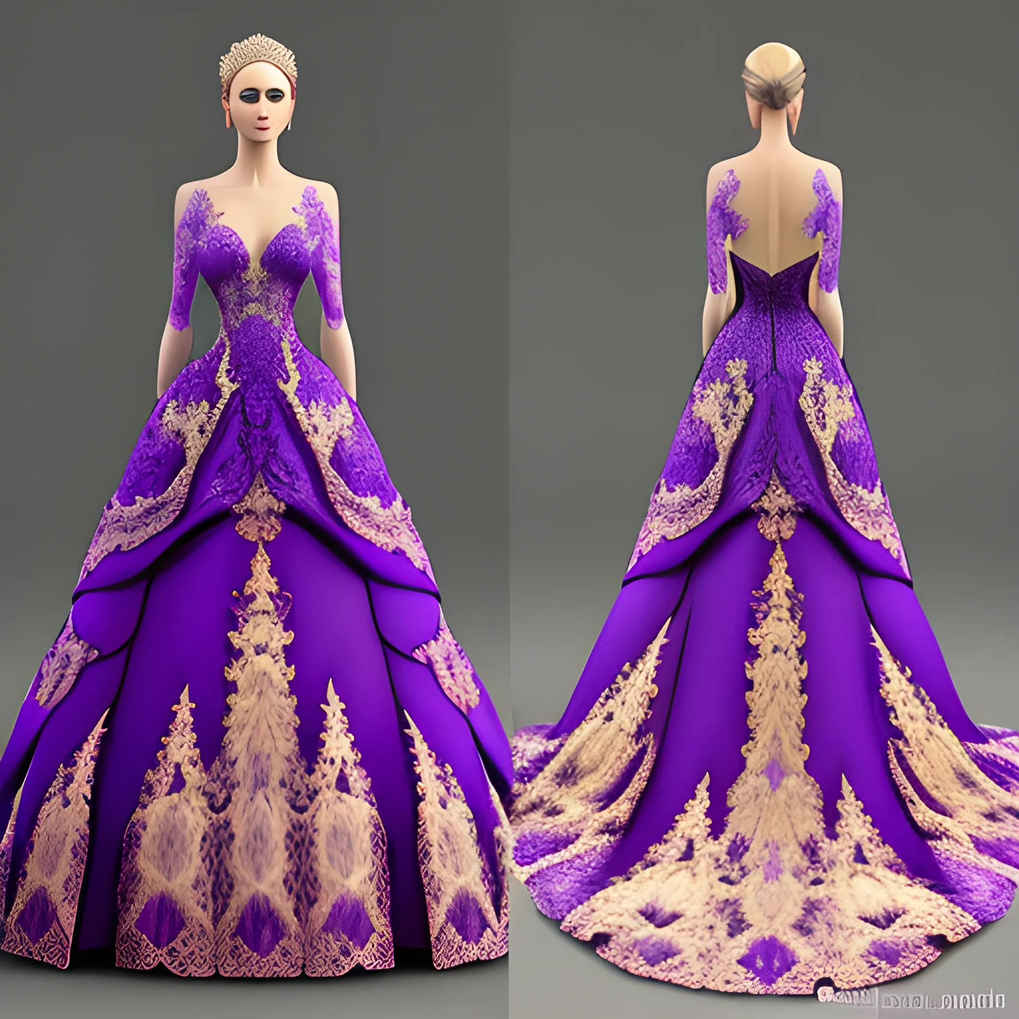 Intricate fantasy wedding gown purple and gold lace goddess dream dress, 3D, Trippy