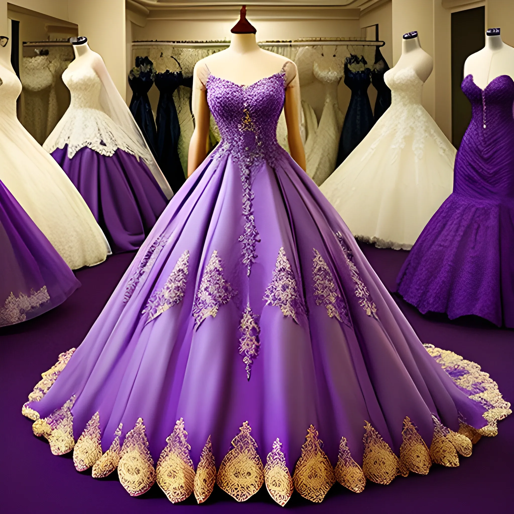 Intricate fantasy wedding gown purple and gold lace goddess dream dress puffy 