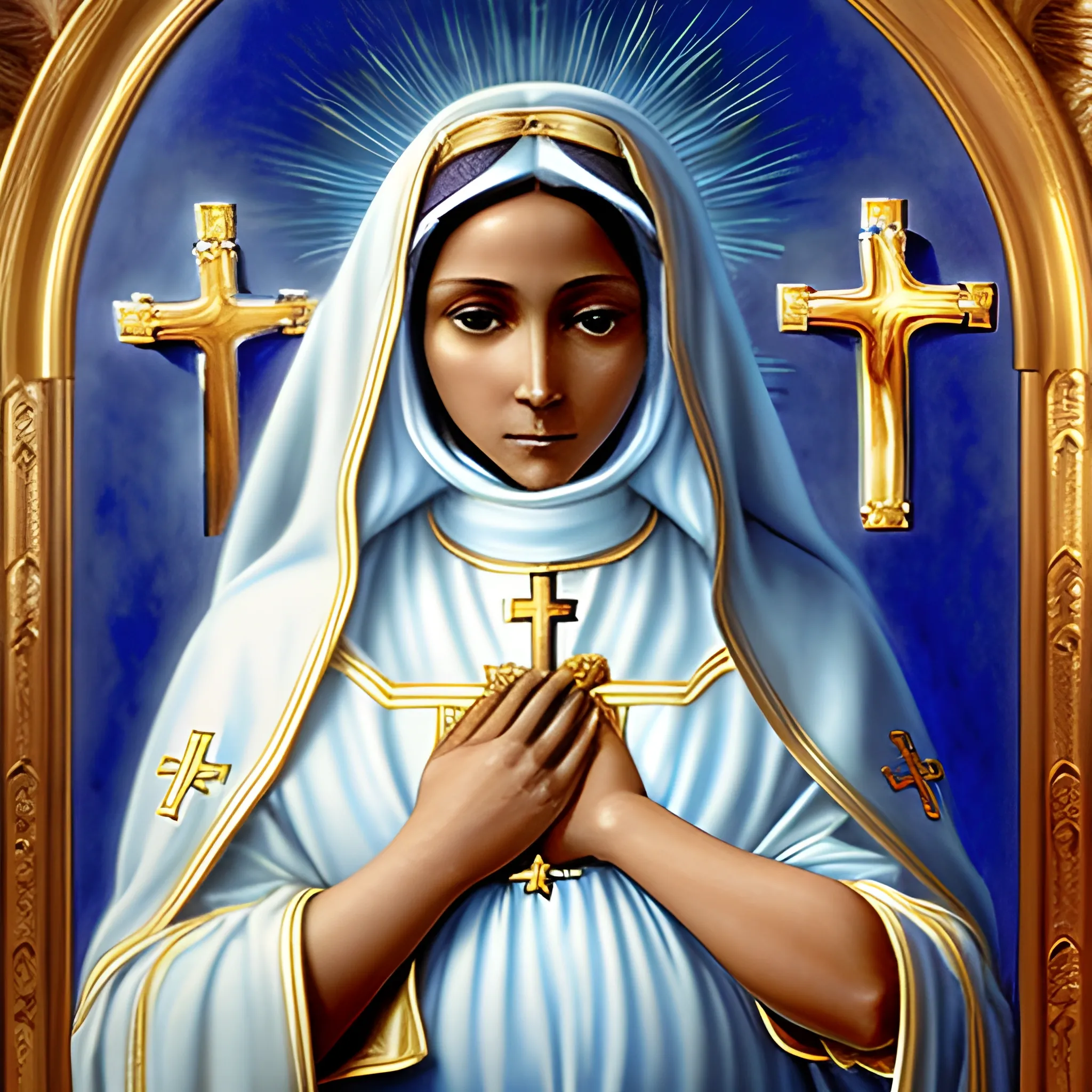 Mary, mother of Jesus Christ, light brown skin, brown eyes (((according to Catholicism))) dressed in a blue mantle and a white veil with golden edges, (((according to Catholicism))) walking among a crowd that implores her attention (((a beautiful woman with a maternal gaze))), Oil Painting, Trippy, Water Color