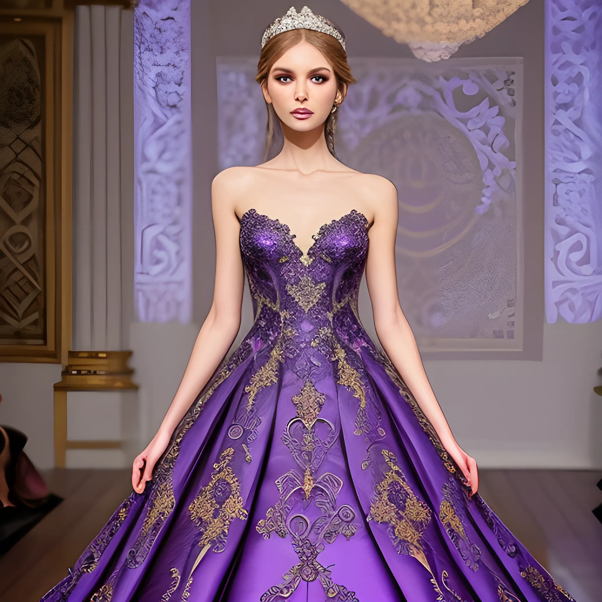 Intricate detail fantasy wedding gown purple and gold lace goddess dream dress puffy 