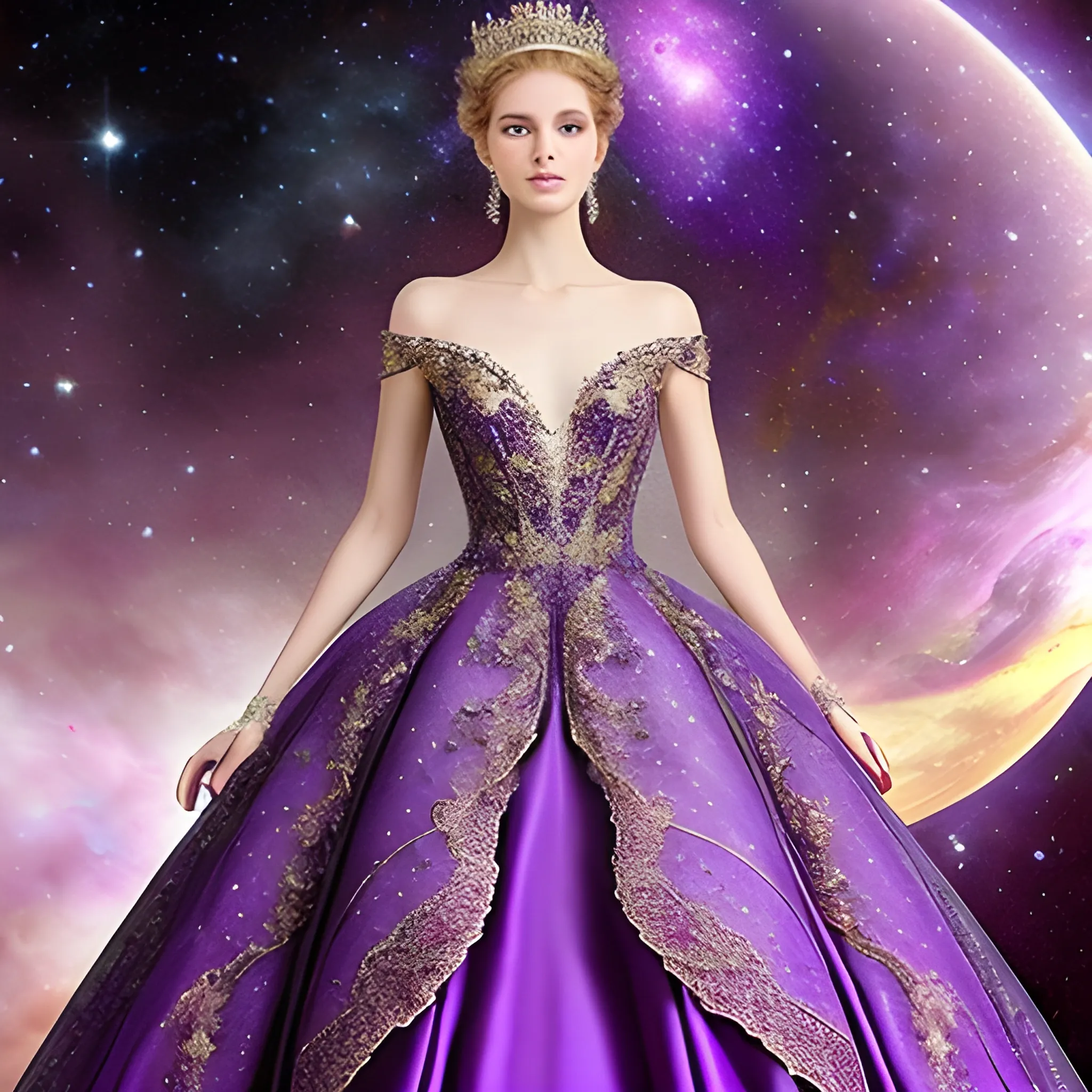 Intricate detail fantasy wedding gown purple and gold lace goddess dream dress puffy stardust galaxy queen