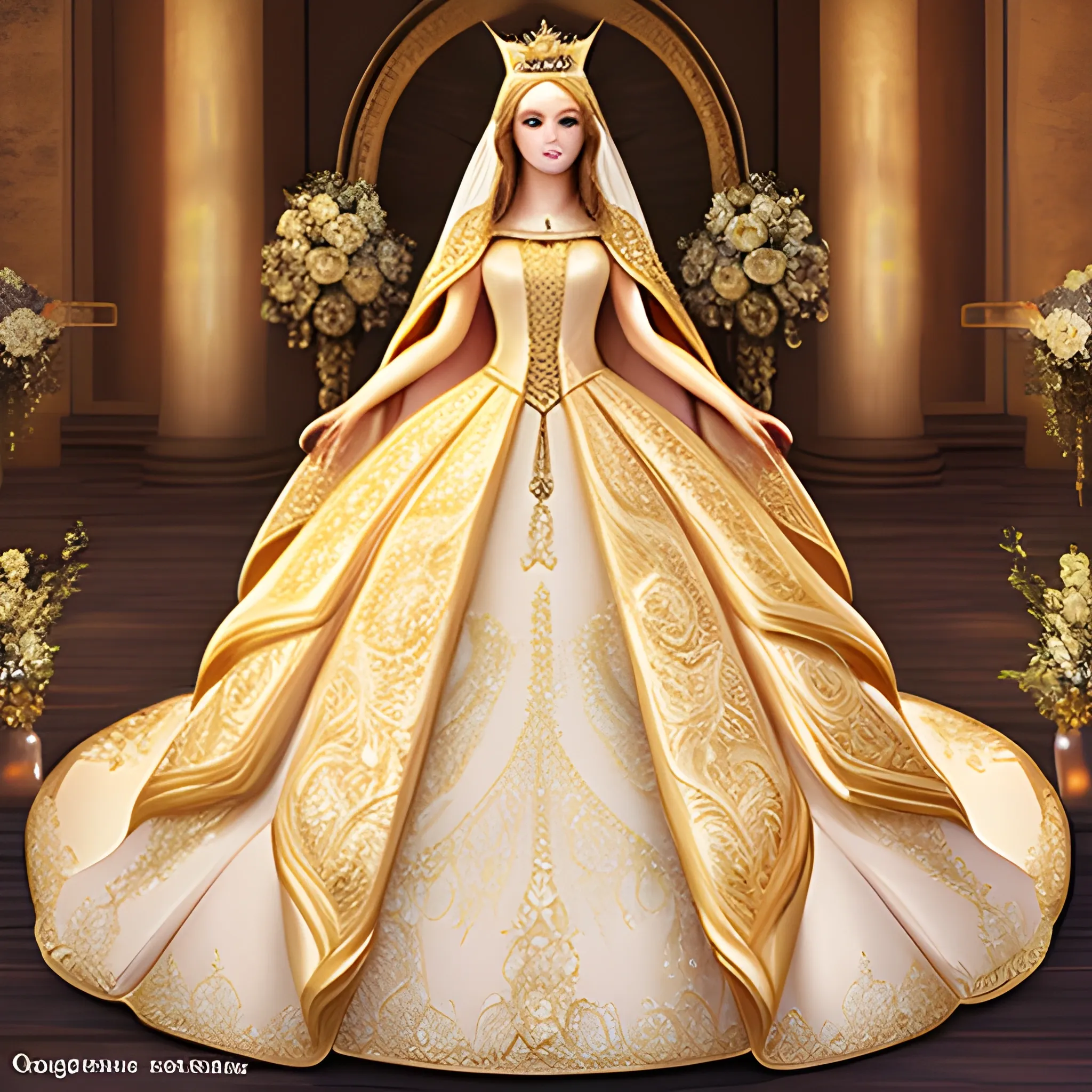 Golden galaxy goddess Angel Queen princess dream wedding dress with cape and high collar