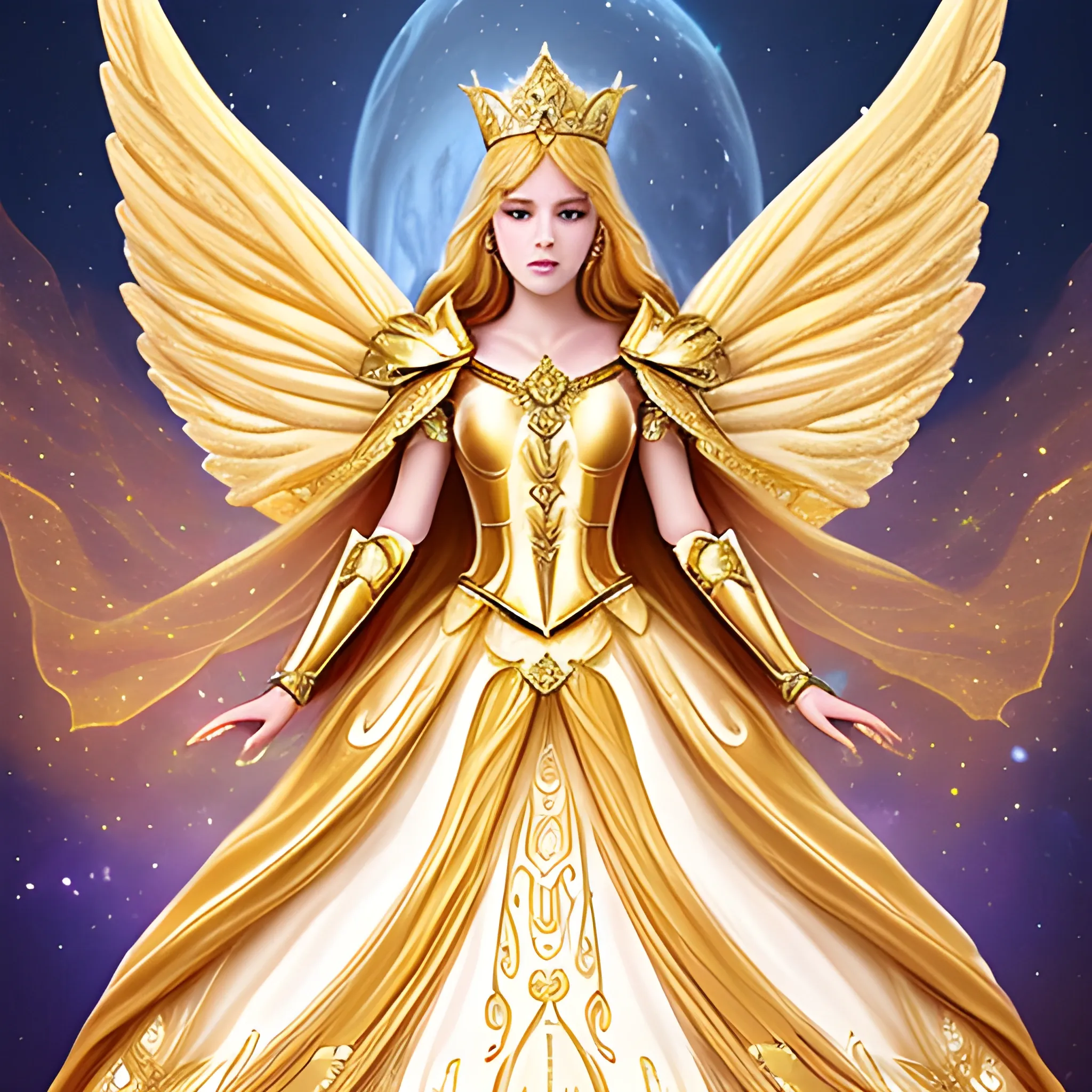 Golden galaxy goddess Angel fairy Queen princess dream wedding dress with cape and high collar warrior goddess armor Bohemian