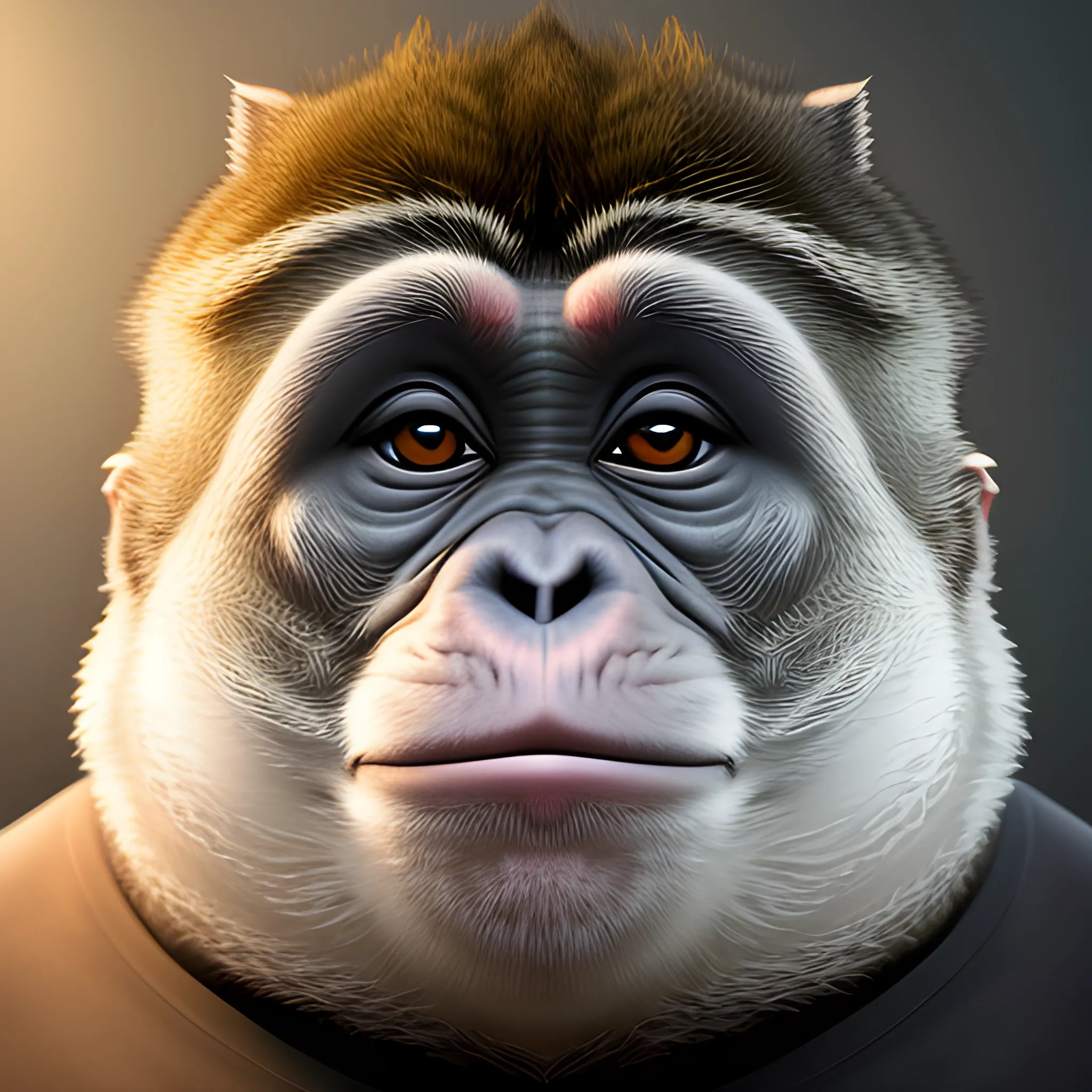 A detailed and intricate digital art piece in a cinematic style, this ultra high resolution portrait of a fat macaque is a true masterpiece. The beautiful lighting and playful design make it a trend-setter on ArtStation. A true award-winning work.