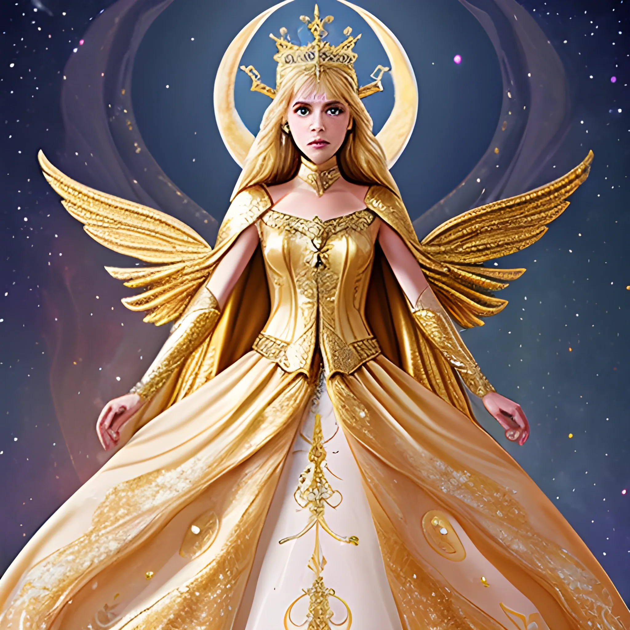Golden galaxy goddess Angel fairy Queen princess dream wedding dress with cape and high collar warrior moon goddess armor Bohemian