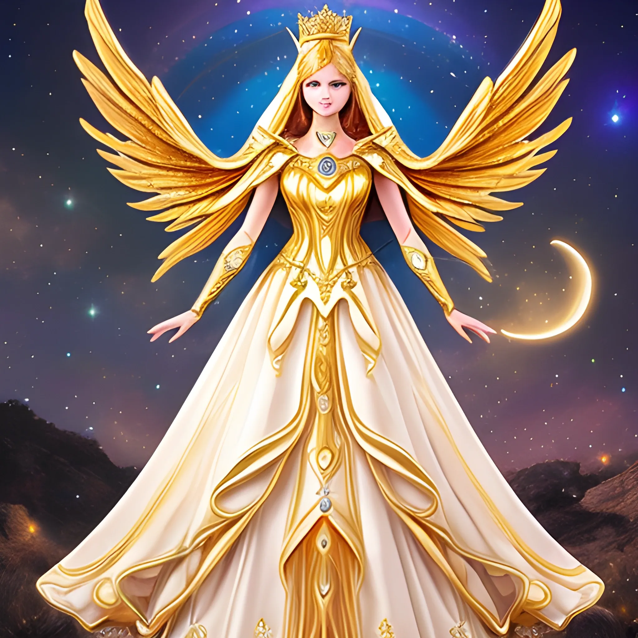 Golden galaxy goddess Angel fairy Queen princess dream wedding dress with cape and high collar warrior moon goddess armor majestic supreme powerful