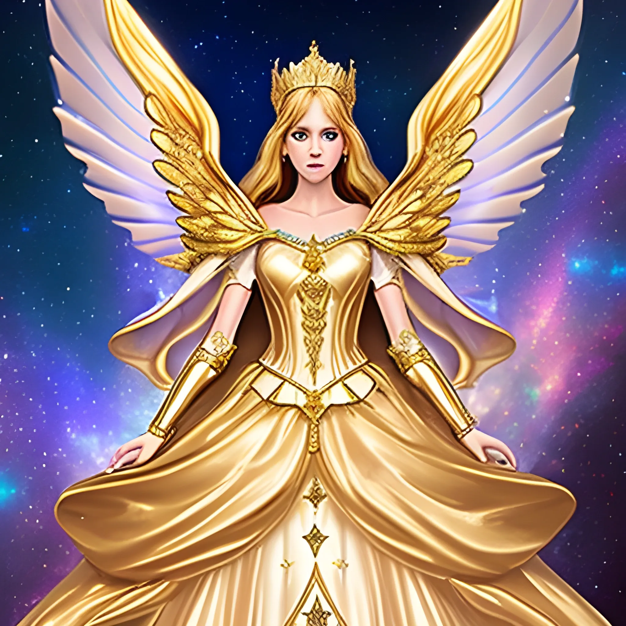 Golden galaxy goddess Angel fairy Queen princess dream wedding dress with cape and high collar warrior moon goddess armor majestic supreme powerful