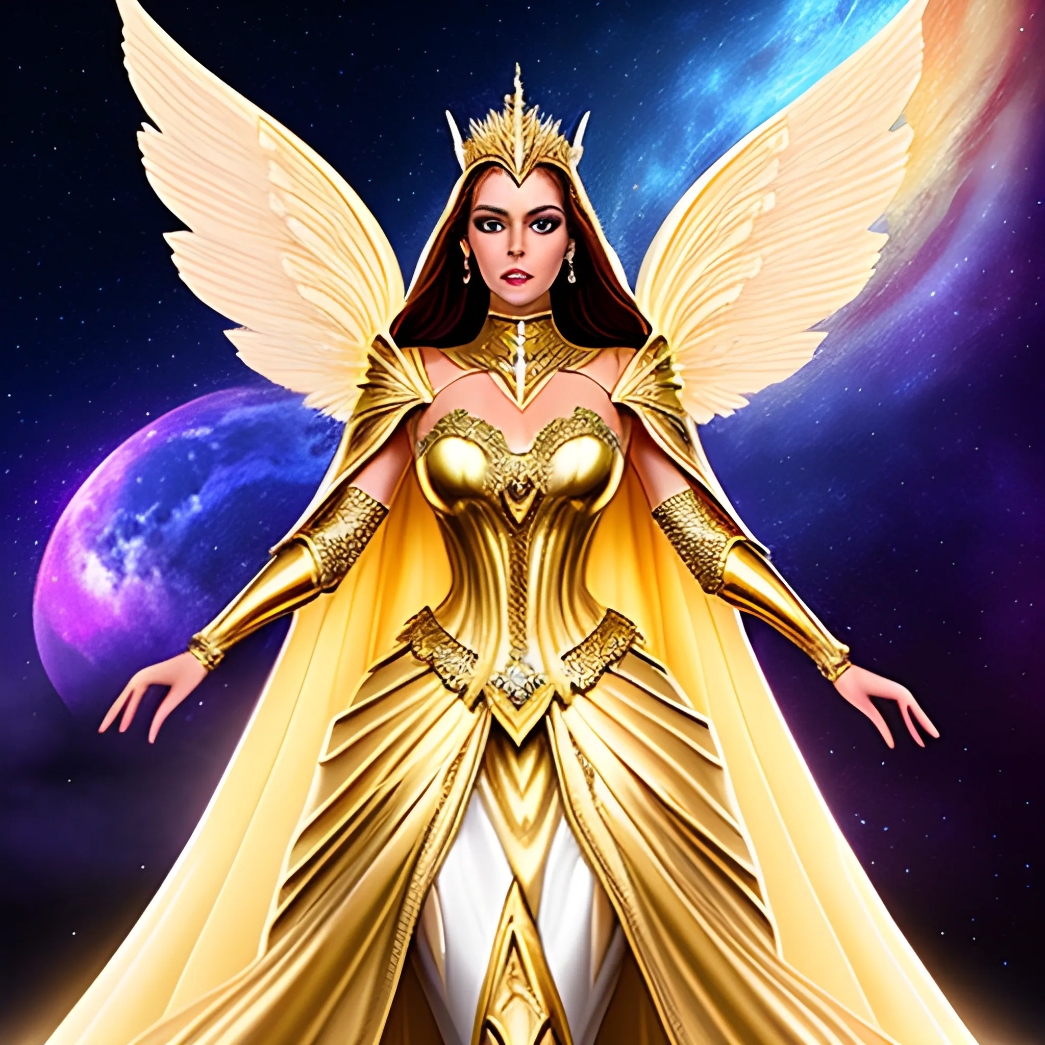 Golden galaxy goddess Angel fairy Queen princess dream wedding dress with cape and high collar warrior moon goddess armor majestic supreme powerful starchild thoth