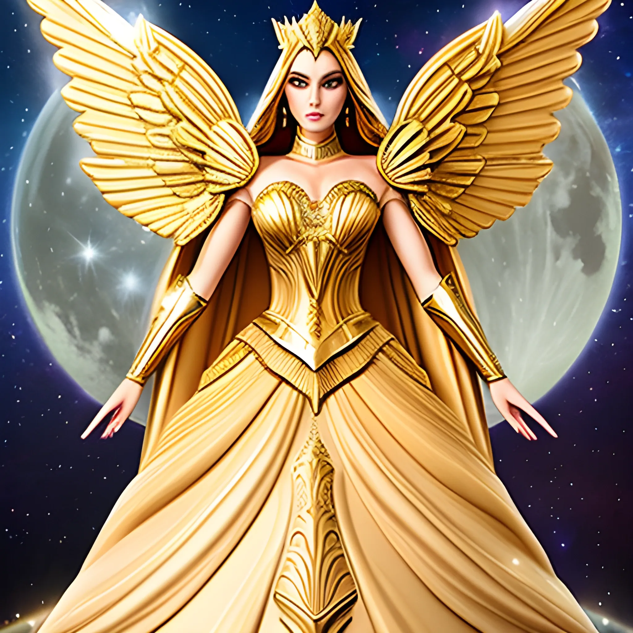 Golden galaxy goddess Angel fairy Queen princess dream wedding dress with cape and high collar warrior moon goddess armor majestic supreme powerful starchild thoth