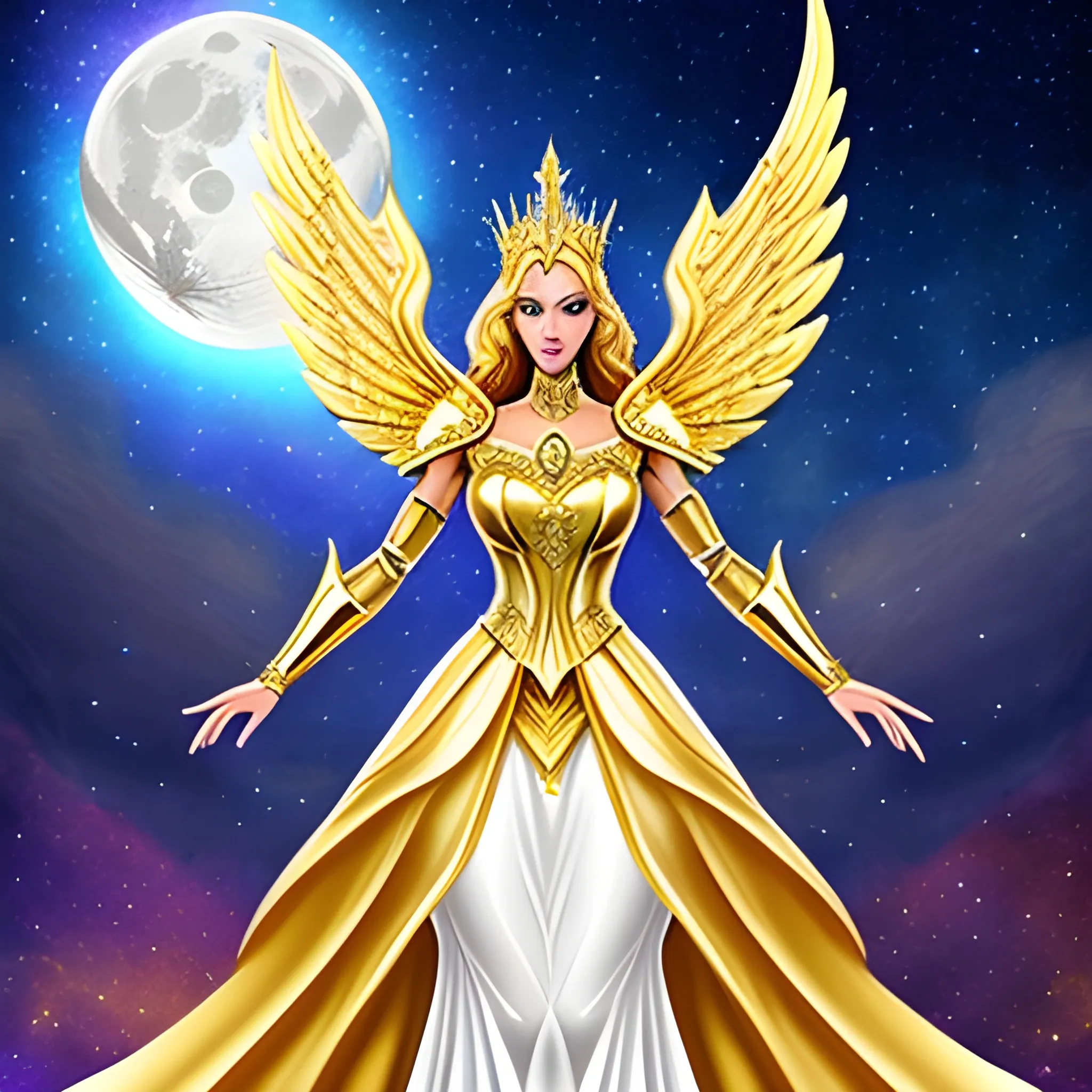 Golden galaxy goddess Angel fairy Queen princess dream wedding dress with cape and high collar warrior moon goddess armor majestic supreme powerful starchild thoth she-ra