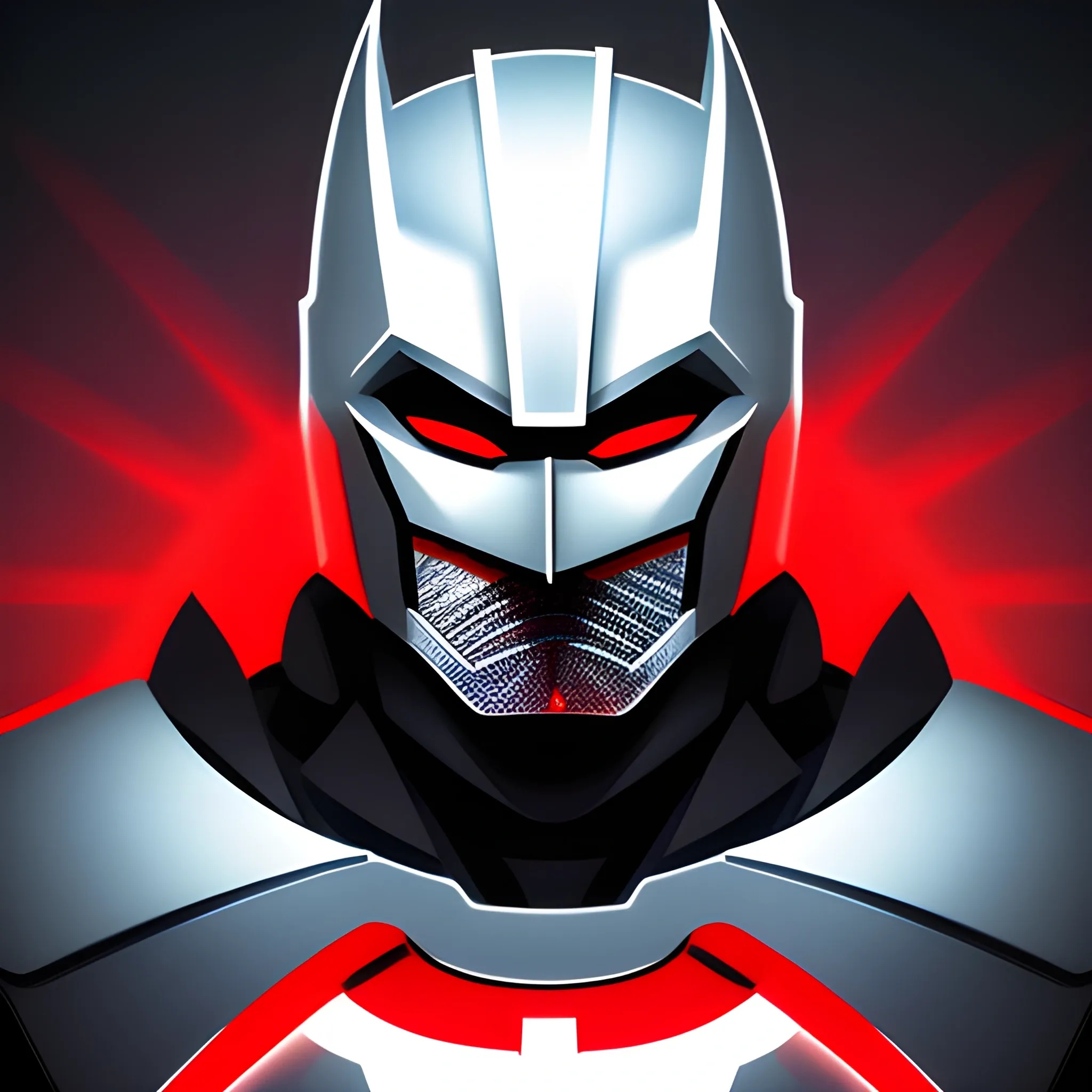 The icon portrays a white knight with intense red eyes and a helmet that combines the shape of a W and a bat, resembling Batman. Their face is illuminated by red and blue lights in the background, accentuating the edges. This knight exudes determination in their gaze and expression, ready to protect and fight for justice., Trippy