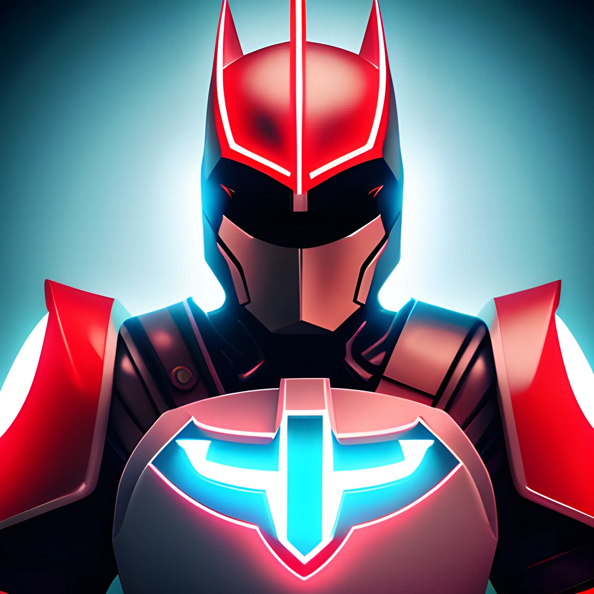 The icon portrays a white knight with red eyes and a helmet that combines the shape of a W, resembling Batman. Their face is illuminated by red and blue neon lights in the background, accentuating the edges. This knight exudes determination in their gaze and expression, ready to protect and fight for justice., Trippy, 3D