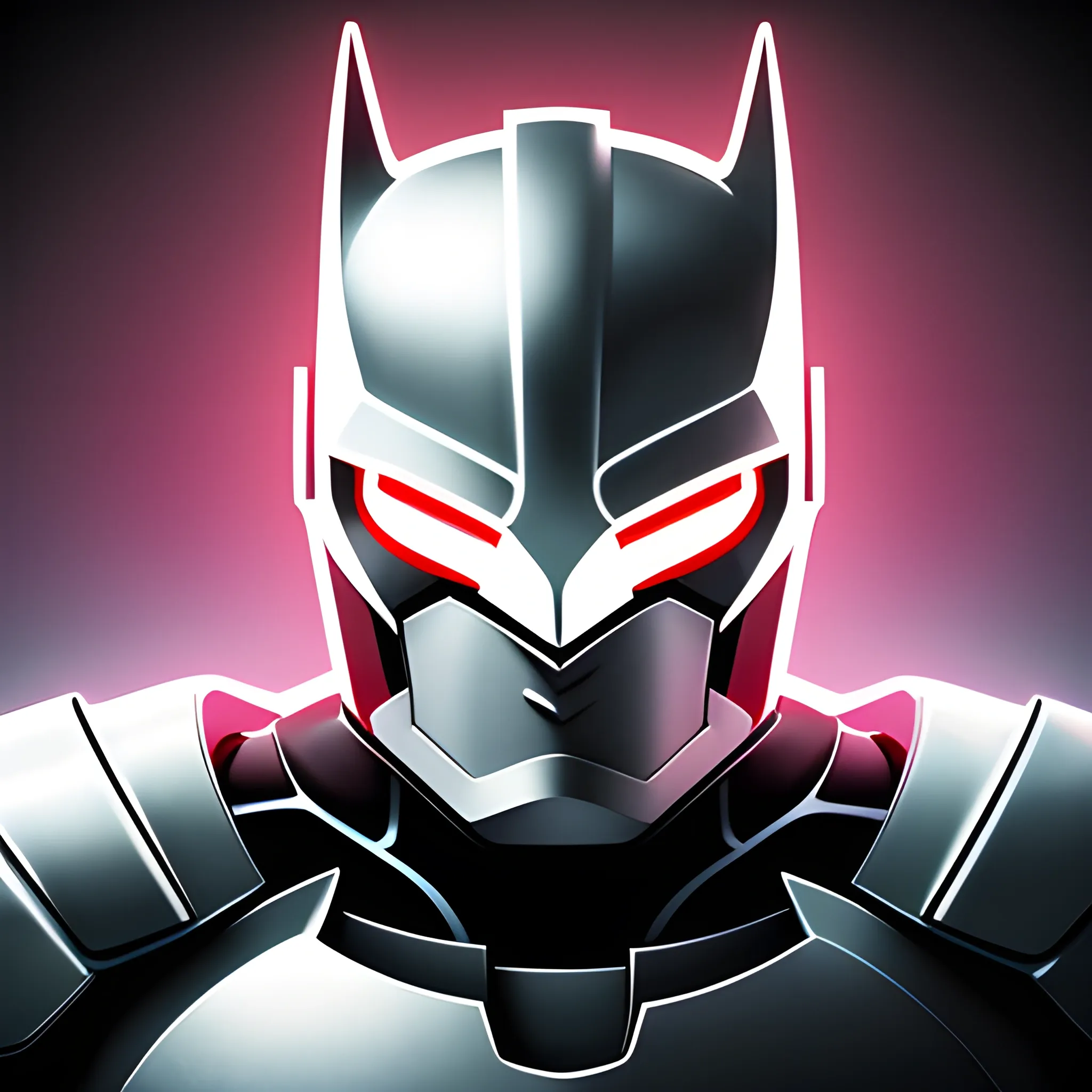 The icon portrays a white knight with red eyes and a helmet that combines the shape of a W, resembling Batman. Their face is illuminated by neon lights in the background, accentuating the edges. This knight exudes determination in their gaze and expression, ready to protect and fight for justice., Trippy, 3D