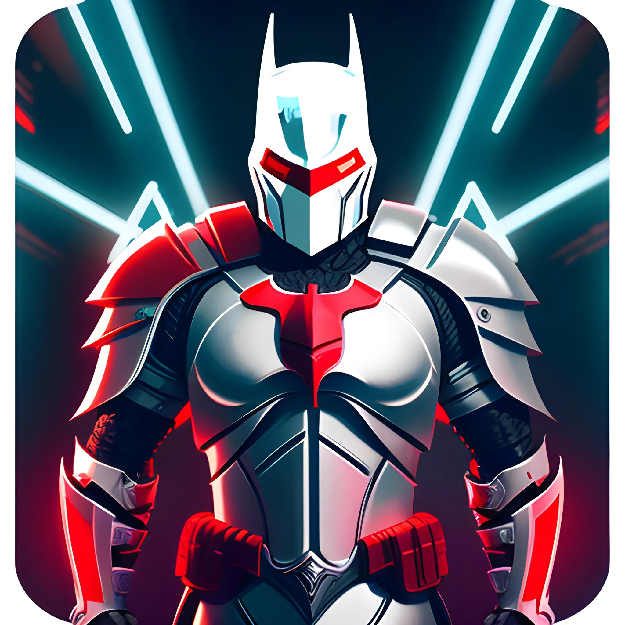 The icon portrays a white knight with red eyes and a helmet that combines the shape of a V, resembling Batman. Their face is illuminated by neon lights in the background, accentuating the edges. This knight exudes determination in their gaze and expression, ready to protect and fight for justice., 8k, Hyper detailed, concept art