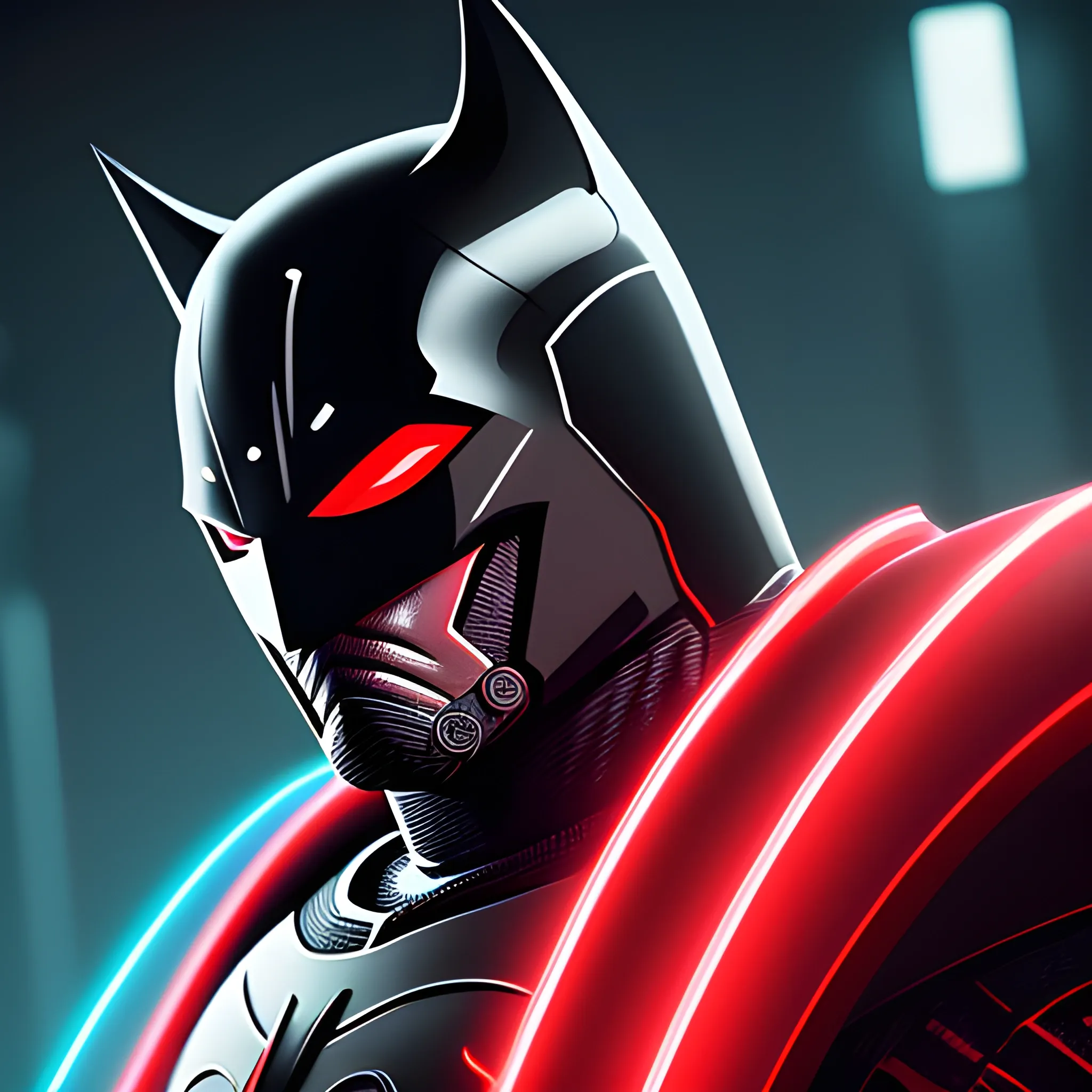 The icon portrays a black and white knight with red eyes and a helmet that combines the shape of a V, resembling Batman. Their face is illuminated by neon lights in the background, accentuating the edges. This knight exudes determination in their gaze and expression, ready to protect and fight for justice., 8k, Hyper detailed, concept art